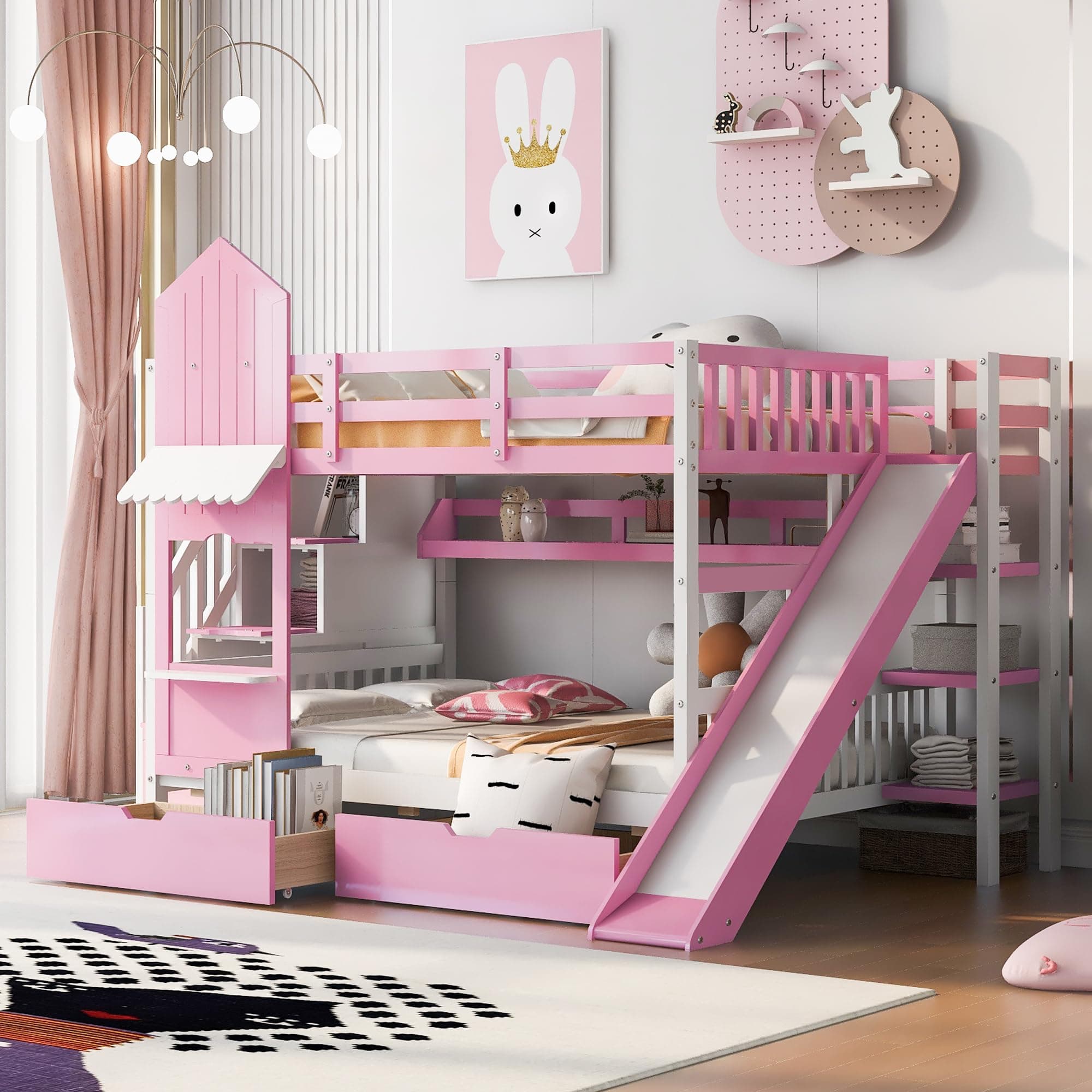 Full-Over-Full Castle Style Bunk Bed with 2 Drawers and 3 Shelves, Wood Bunk Bed Frame with Slide and Storage Staircase for Kids Teens Boys Girls, Maximize Space Savings