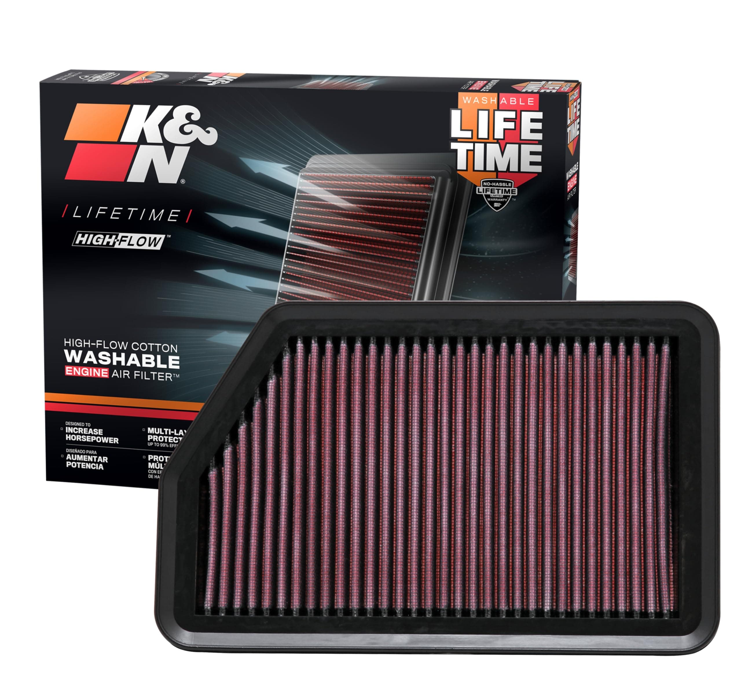K&N High-Flow Original Lifetime Engine Air Filter: Increase Power & Acceleration, Washable, Replacement Air Filter: Compatible with 2010-2019 Hyundai/Kia (i40, Elantra, GT, i30, Tucson, Forte) 33-2451