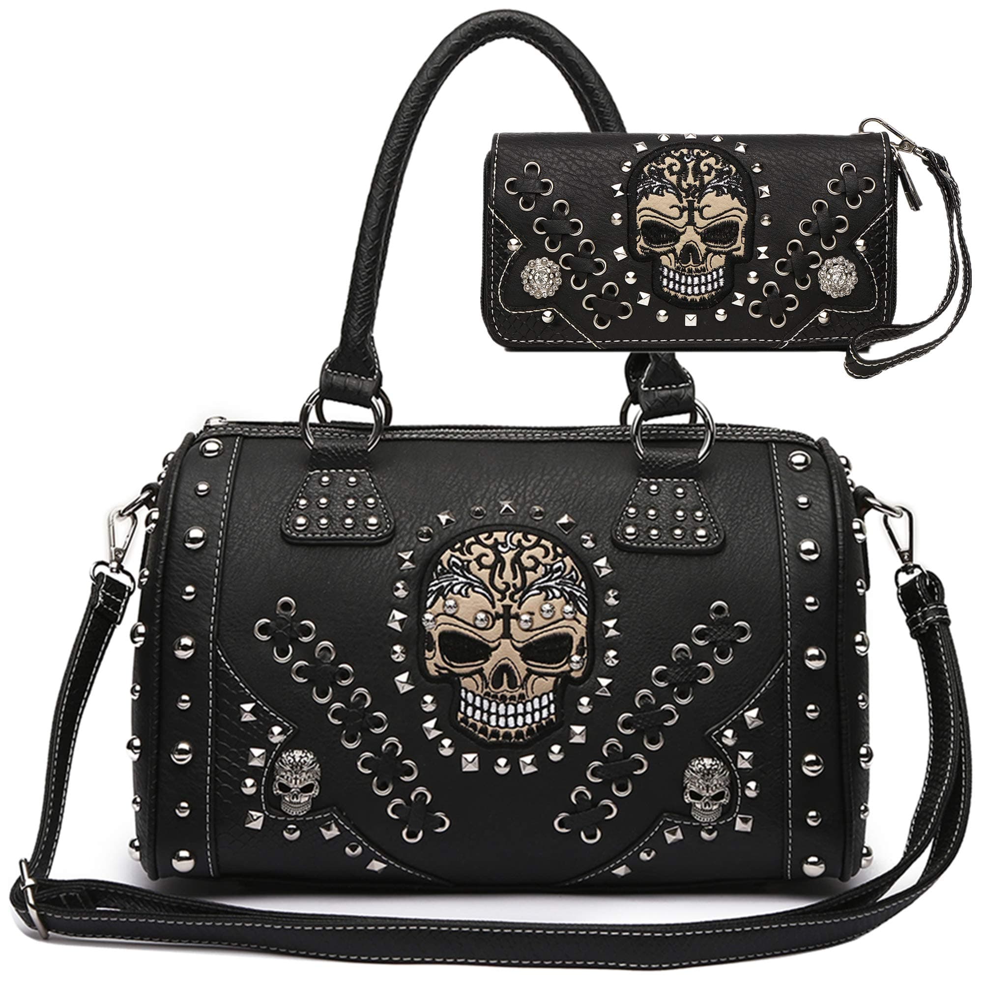 Gothic Skull Day of the Dead Boston Purse Removable Strap Women Satchel Handbag Shoulder Bag Wallet Set