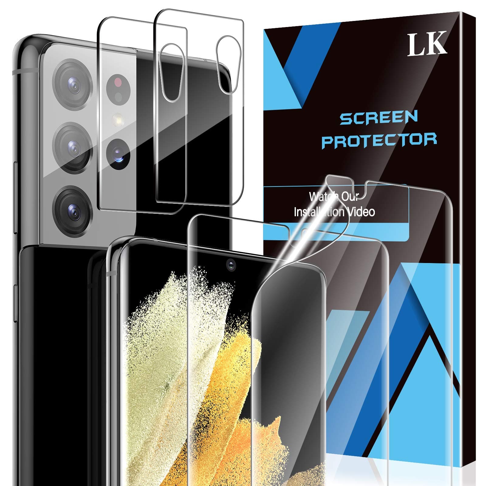LK [2+2 Pack for 2 Pack Samsung Galaxy S21 Ultra Screen Protector [Not Glass] 6.8-inch with 2 Pack Camera Lens Protector [Fingerprint Reader] Ultra-thin Soft Film, Self-Healing, Easy Install