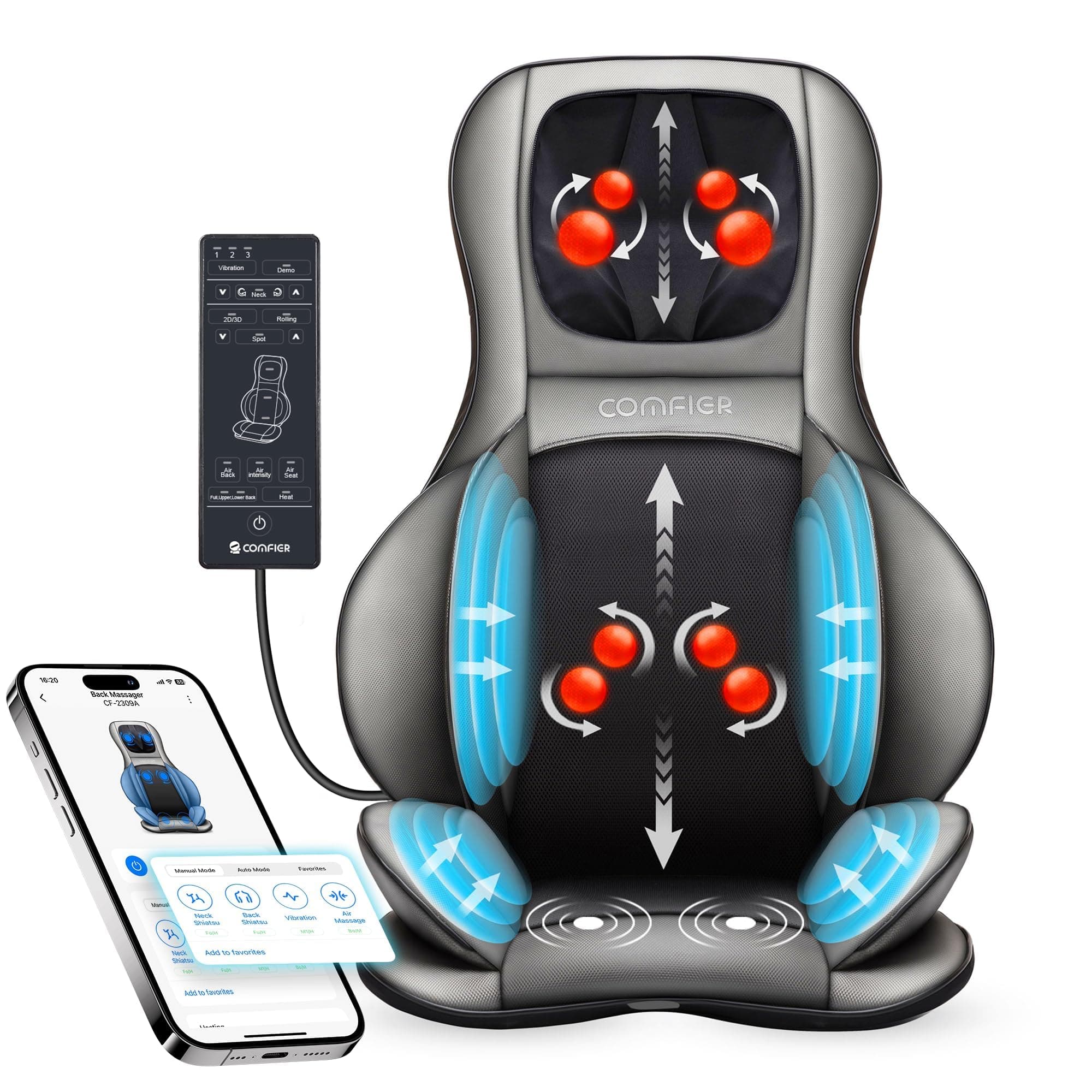 COMFIER Shiatsu Neck Back Massager with Heat and Compression,Adjustable Neck Rollers,App Control 2D or 3D Deep Tissue Kneading Massage Chair Pad, Chair Massager,Ideal Gifts for Dad, Mom