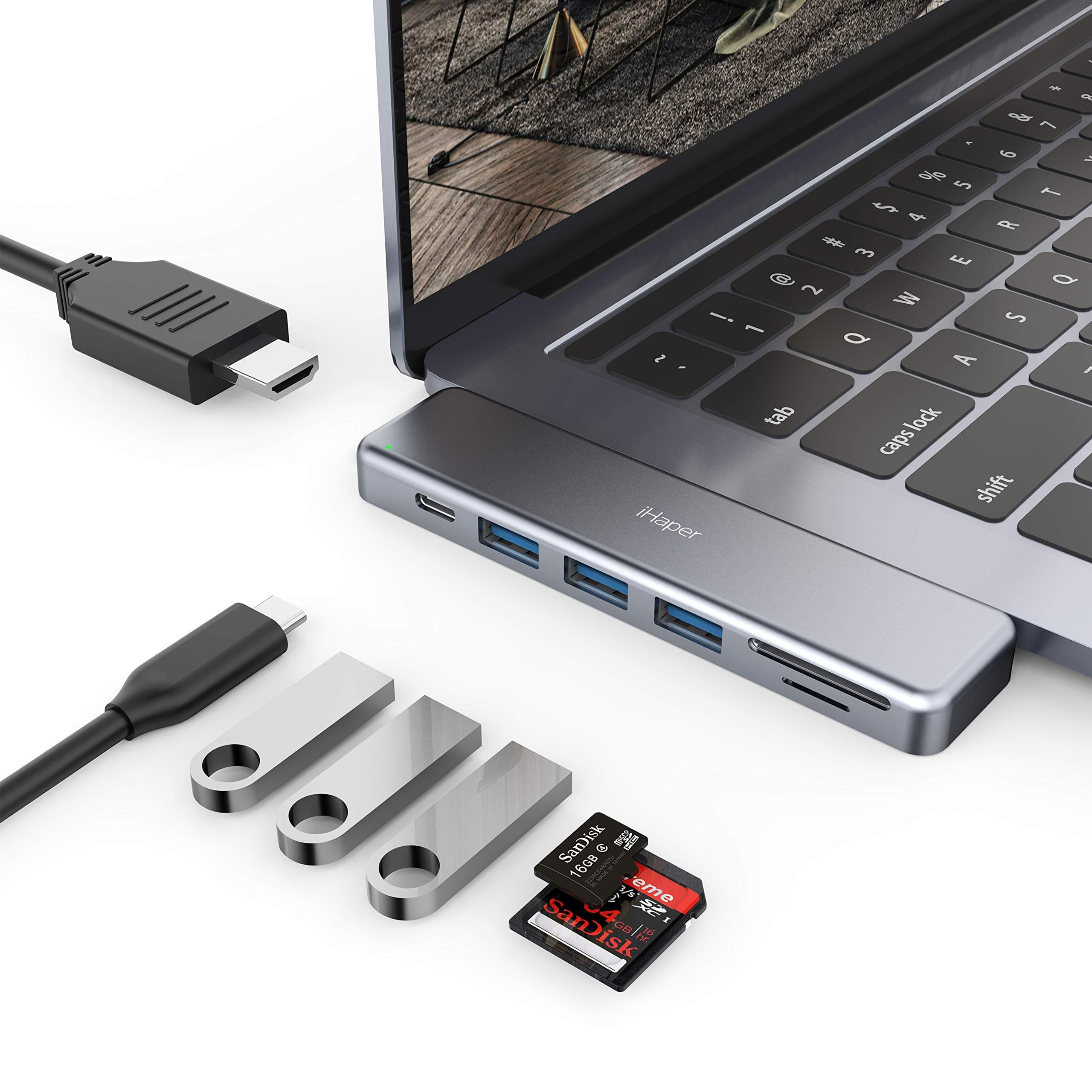 iHaper C001 USB C Hub, 7-in-2 Duo Type-C Thunderbolt 3 Adapter with 4K USB C to HDMI, 100W PD, SD/TF Card Reader, 3 USB 3.0, for MacBook Pro 2018/2017/2016, MacBook Air 2018