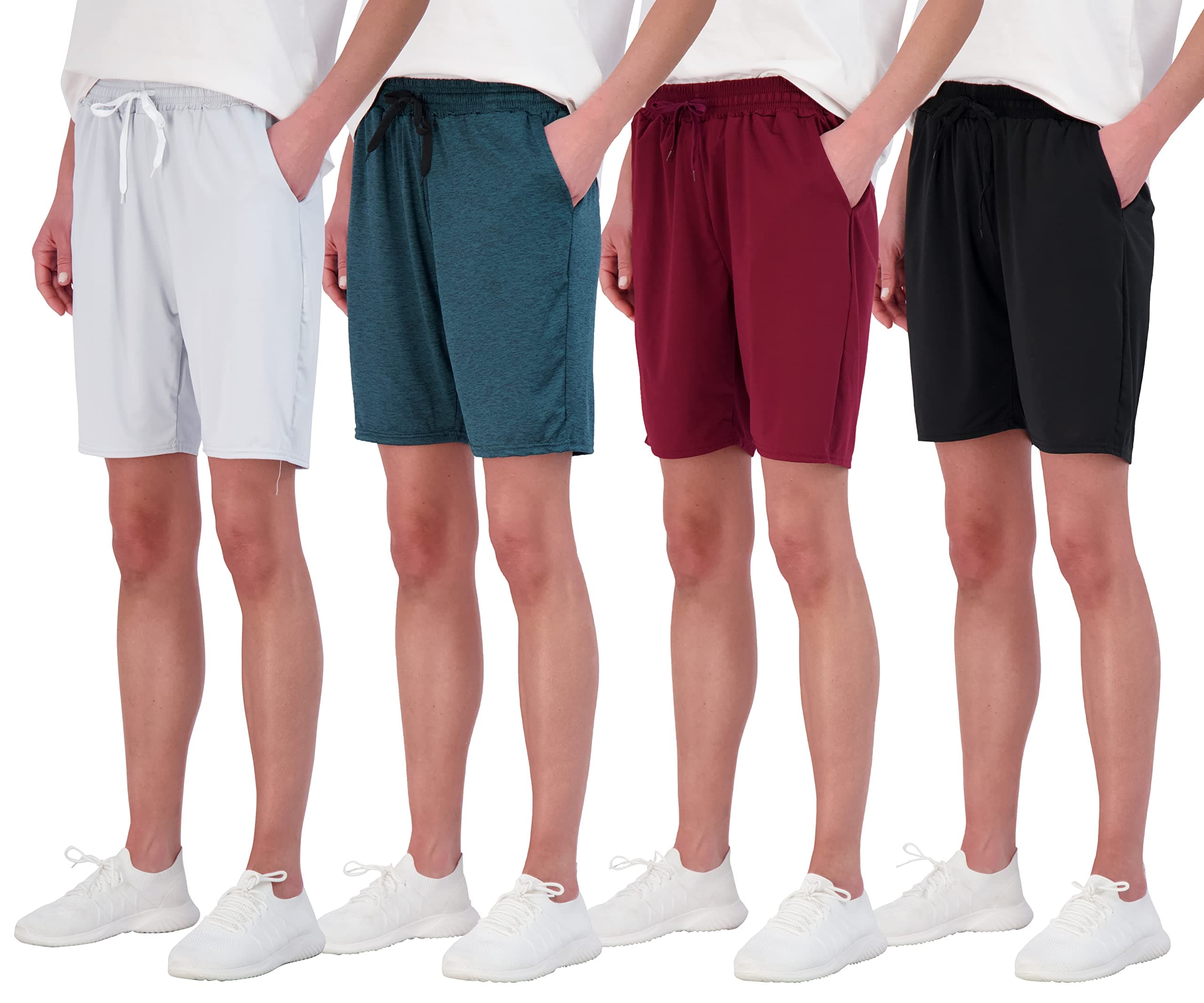 Real Essentials4 Pack: Women's Dry-Fit Athletic 7" Bermuda Long High Waisted Running Shorts (Available in Plus Size)