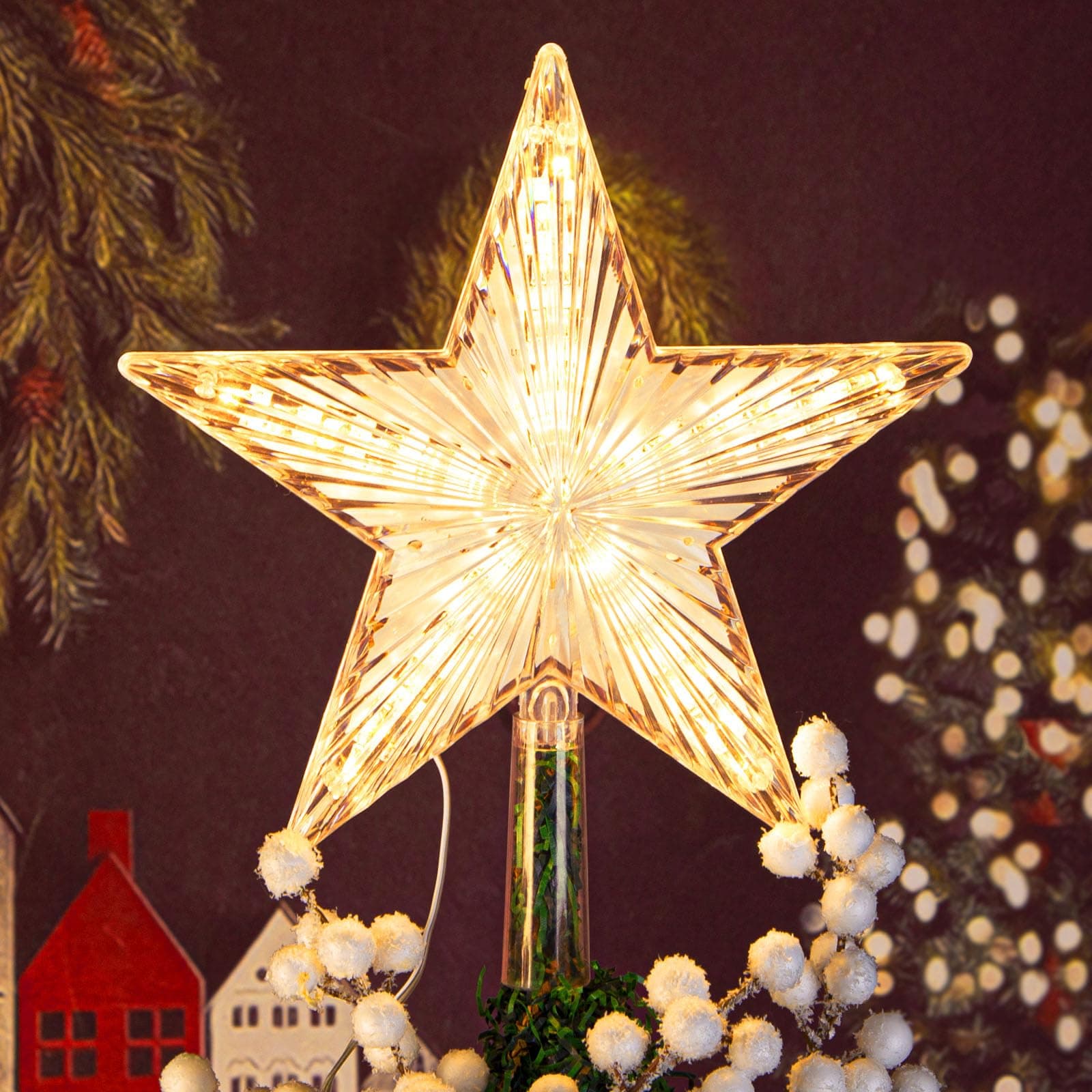 DDcafor Christmas Tree Topper - Warm White Light Star, Great Christmas Ornaments, New Year Toppers, 8.7'' Battery Powered