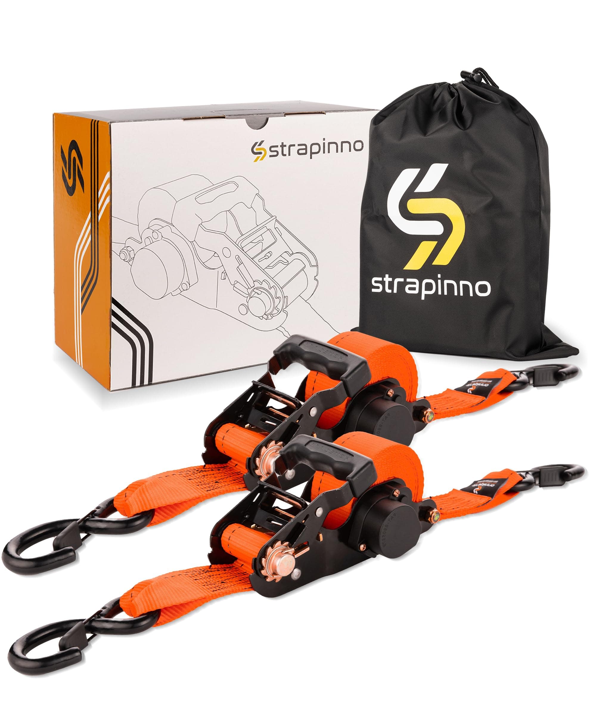 Strapinno 2PCs Retractable Ratchet Tie-Down Straps,5,000 lbs Break Strength- 2 in x 12 ft Heavy Duty Ratchet Strap with Safety Lock S Hooks for Motorcycles, ATVs, UTVs, Lawn Equipment & Cargo-Orange
