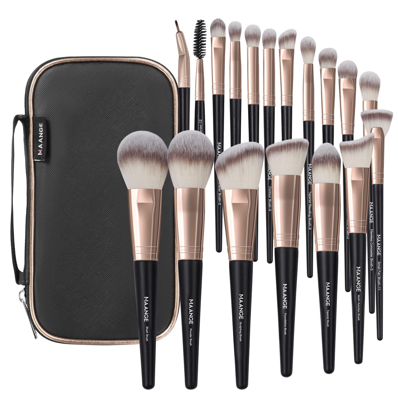 Makeup Brushes with Case, 18 Pcs Professional Makeup Brush Set Premium Synthetic Face Kabuki Brush Kit Foundation Blush Powder Eyeshadow Brushes Set Christmas Gift（Coffee)