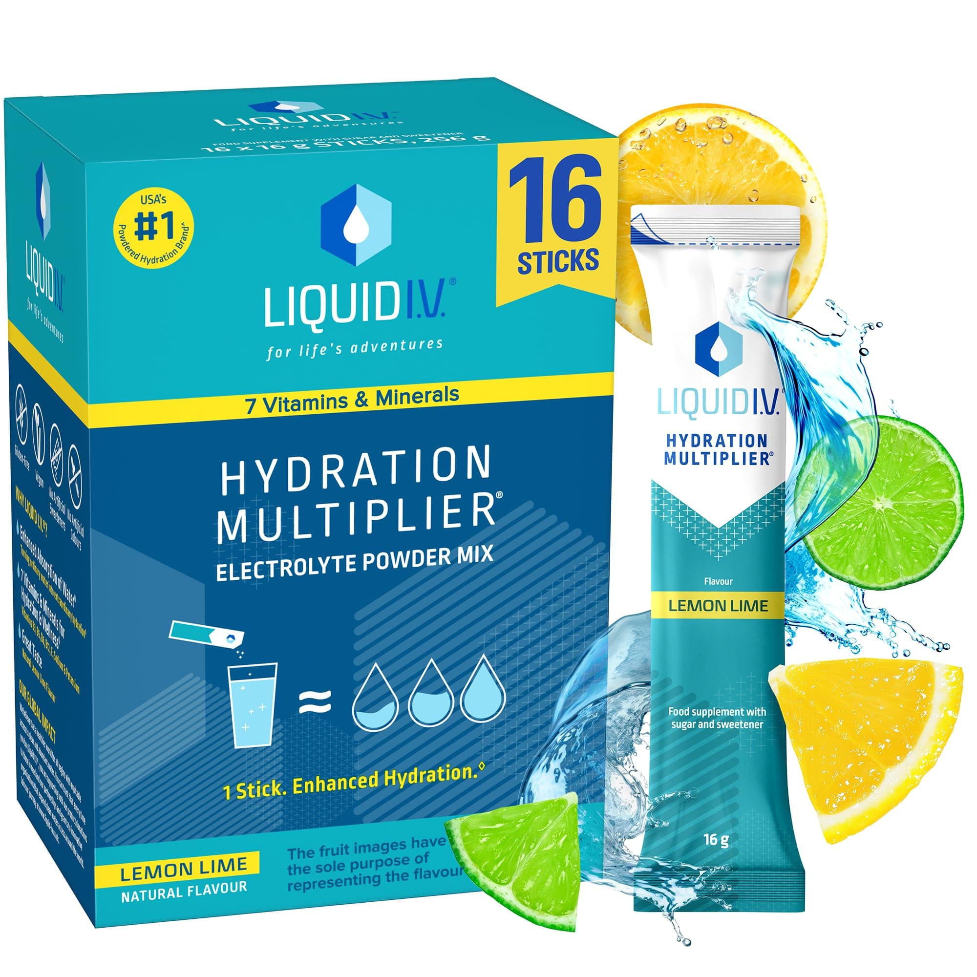 Hydration Sachets | Lemon Lime | Electrolyte Powder Mix | 1 Pack (16 Sticks) | 7 Vitamins and Minerals | Vegan