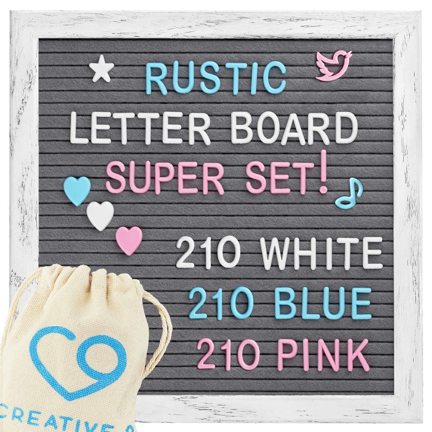 Felt Letter Board - 10"x 10" Rustic White Oak Frame w/Stand & 3 Canvas Pouches - 630 White, Pink, Blue Letters, Symbols & Extra Emoji's | Message Word Board (Gray)