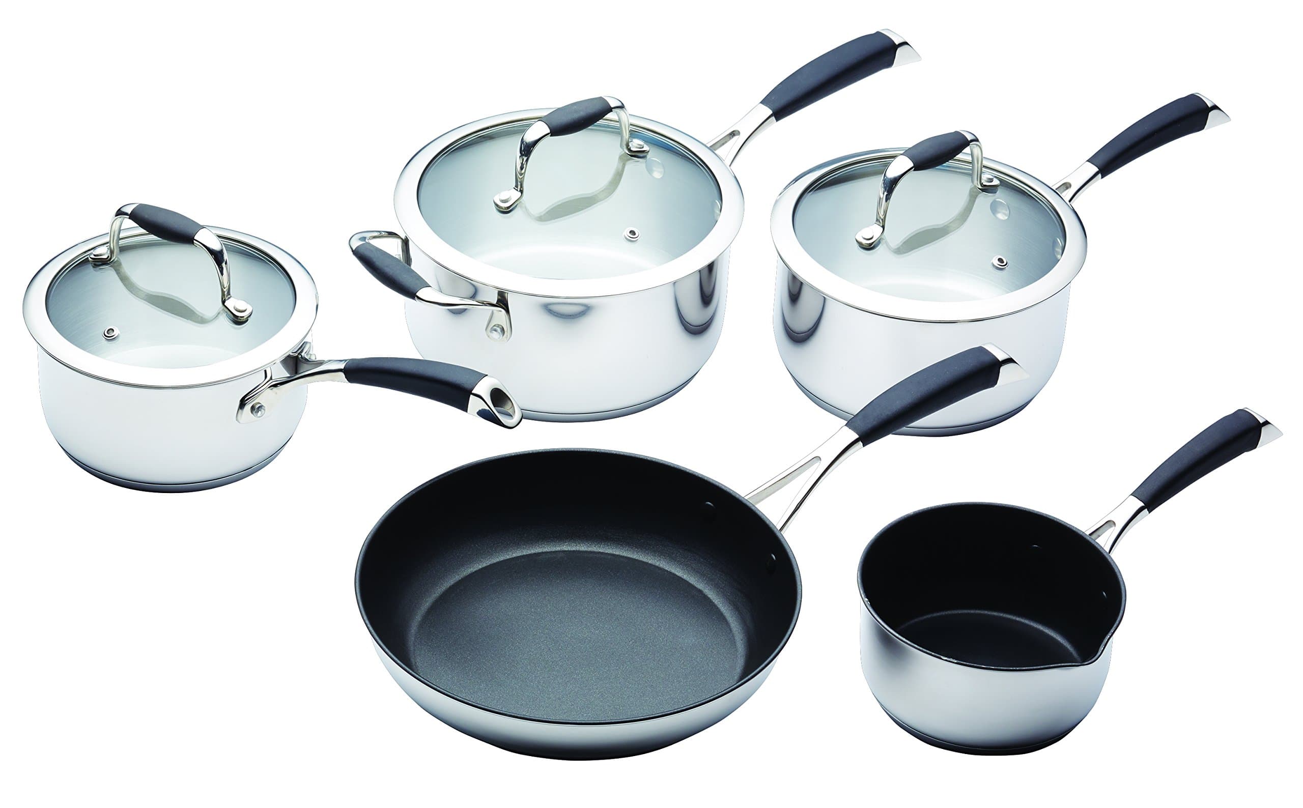 MasterClass Induction Ready Saucepan Set Including Milk Pan, Frying Pan and Saute Pan with PTFE, PFOA and BPA Free Non Stick, Dishwasher safe, 5 Pieces - Stainless Steel, Silver