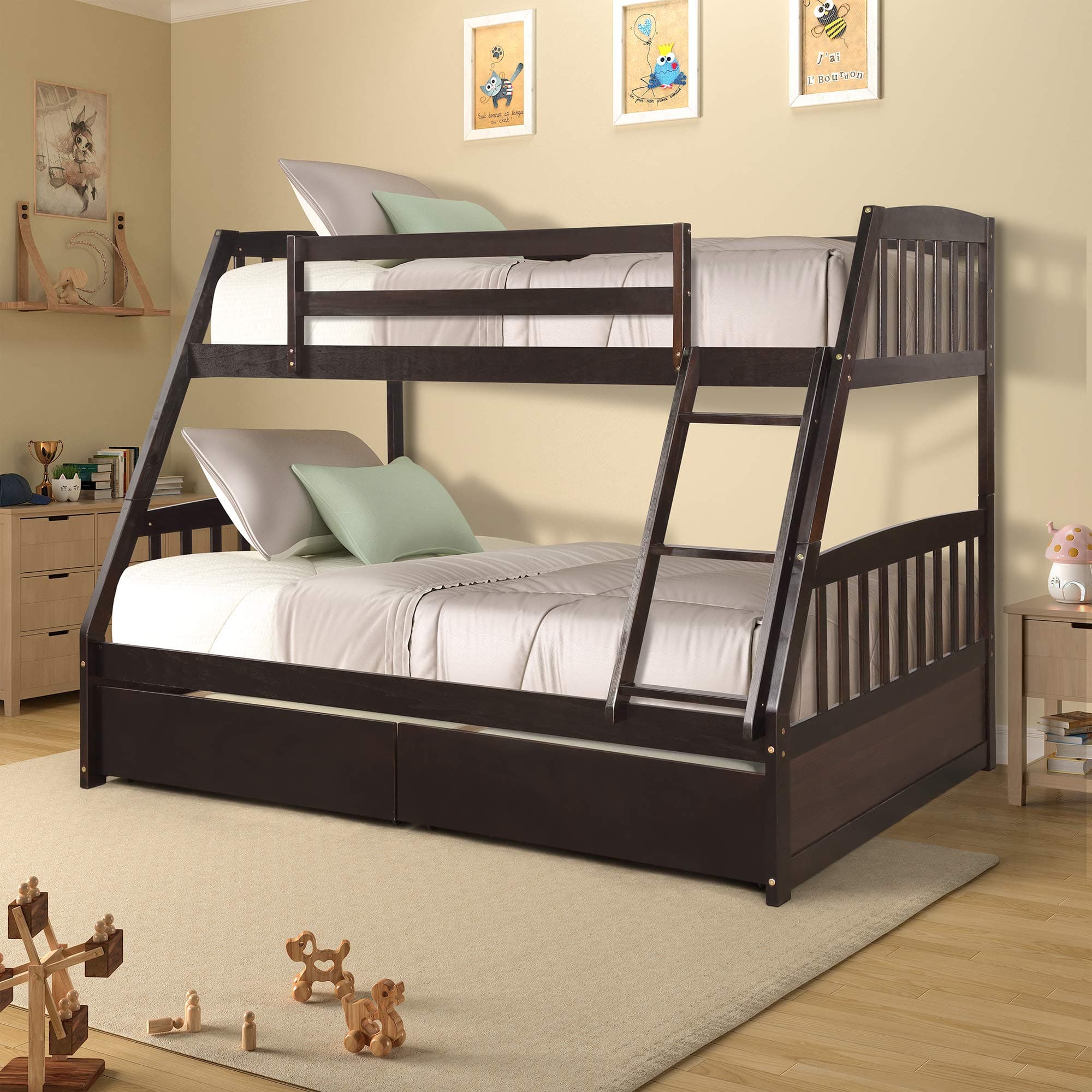 ALI VIRGO Solid Wood Twin Over Full Bunk Bed,with Two Storage Drawers and Removable Ladder,–Converts to Separate Frame for Kids, Teens, Wonderful Espresso