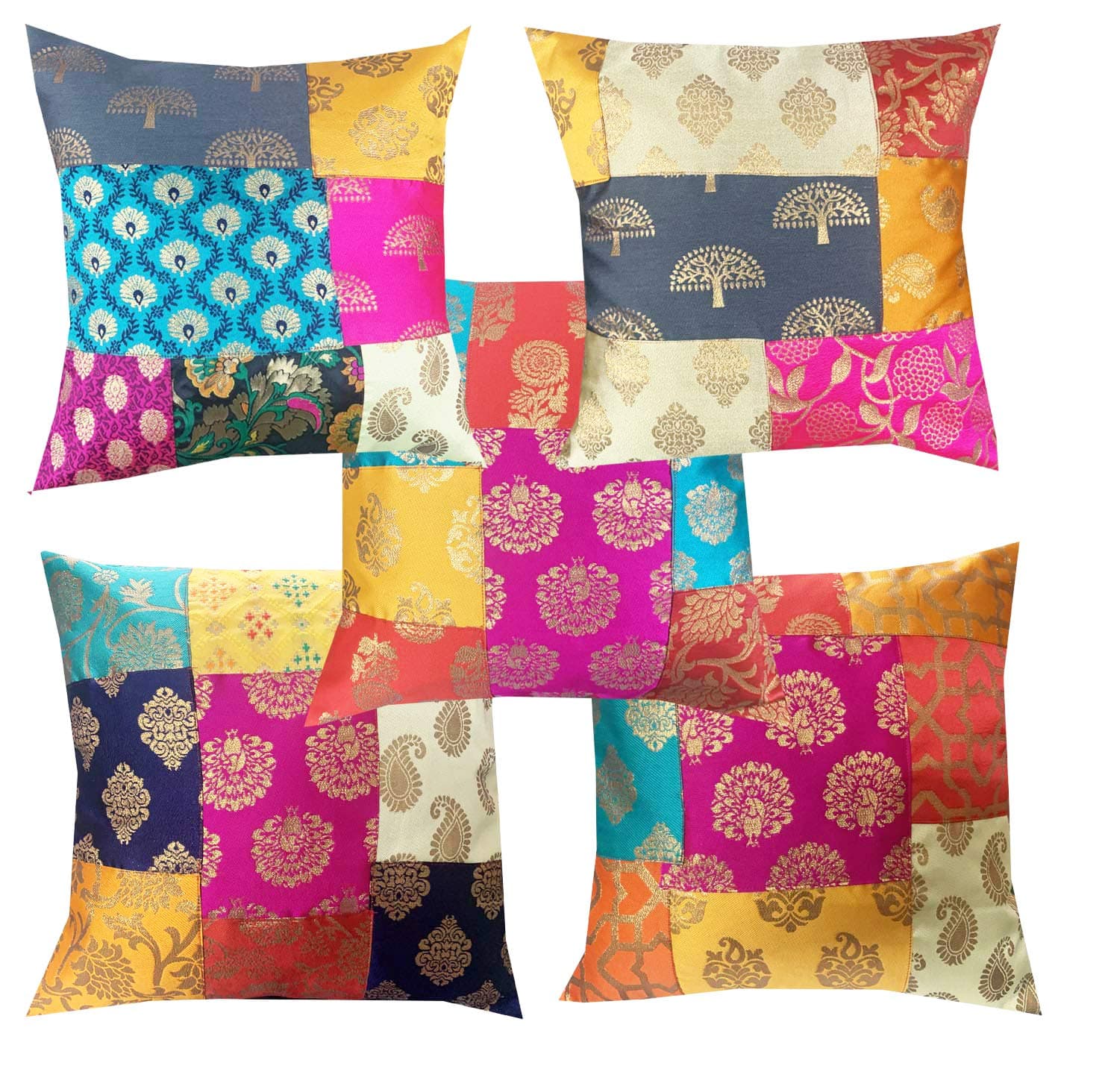 Pink parrot- Jacquard dopian silk patch multi colour cushion cover 16x16 inch-set 5 pcs