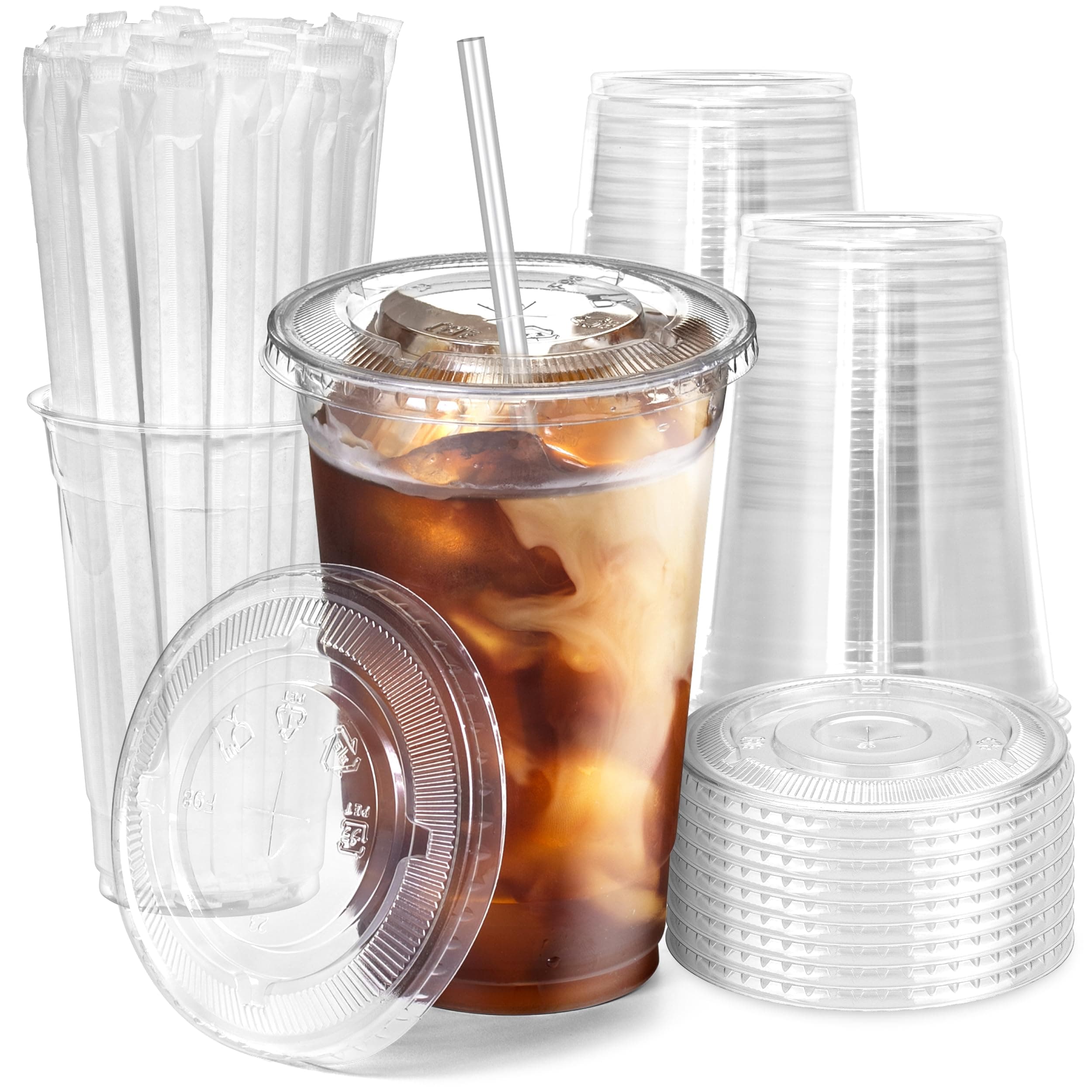 Fit Meal Prep 100 Pack 20 oz Plastic Iced Coffee Cups with Flat Lids and Clear Straws, Disposable Clear Cup, BPA Free Cup for Party, Smoothie, Cold Drinks, Juice, Milkshake, Bubble Boba, Tea