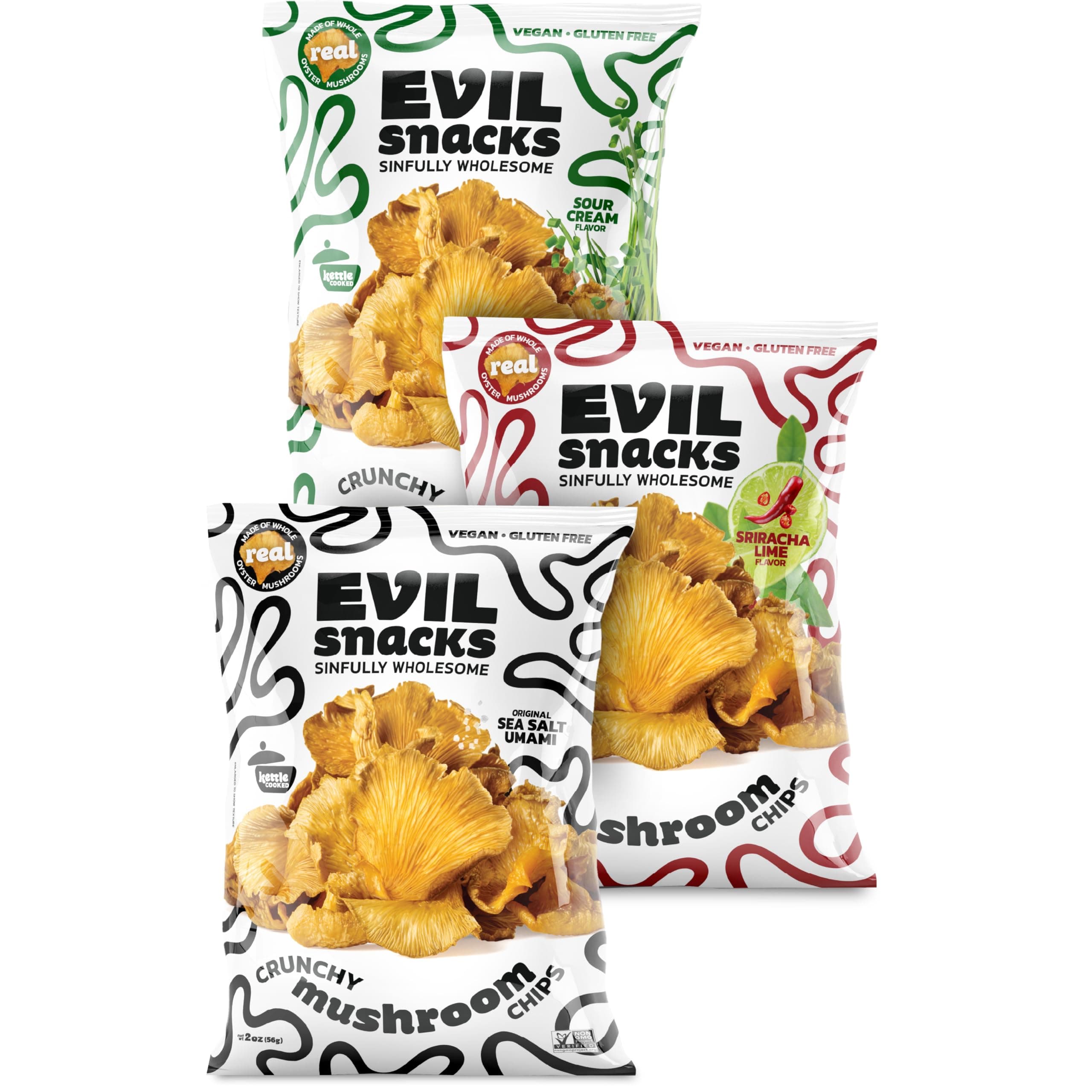 EVIL SNACKS Crunchy Mushroom Chips - VARIETY PACK, Non-GMO Project Verified, Plant-Based, Vegan - Nutrient-Packed, On-the-Go Snack - 2 Oz (3 Pack)