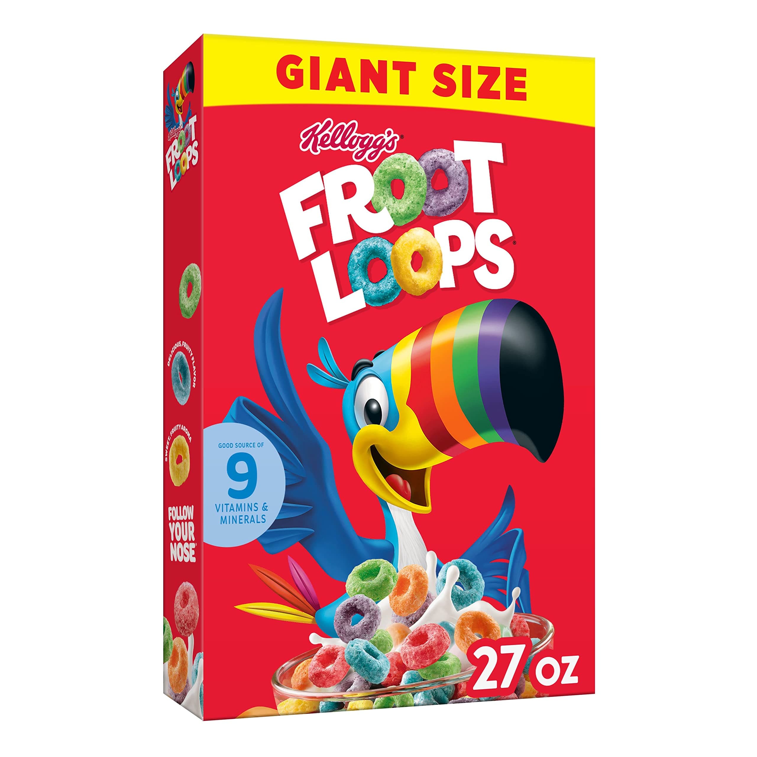 Kellogg's Froot Loops Breakfast Cereal, Fruit Flavored, Breakfast Snacks with Vitamin C, Giant Size, Original, 27oz Box (8 Boxes)