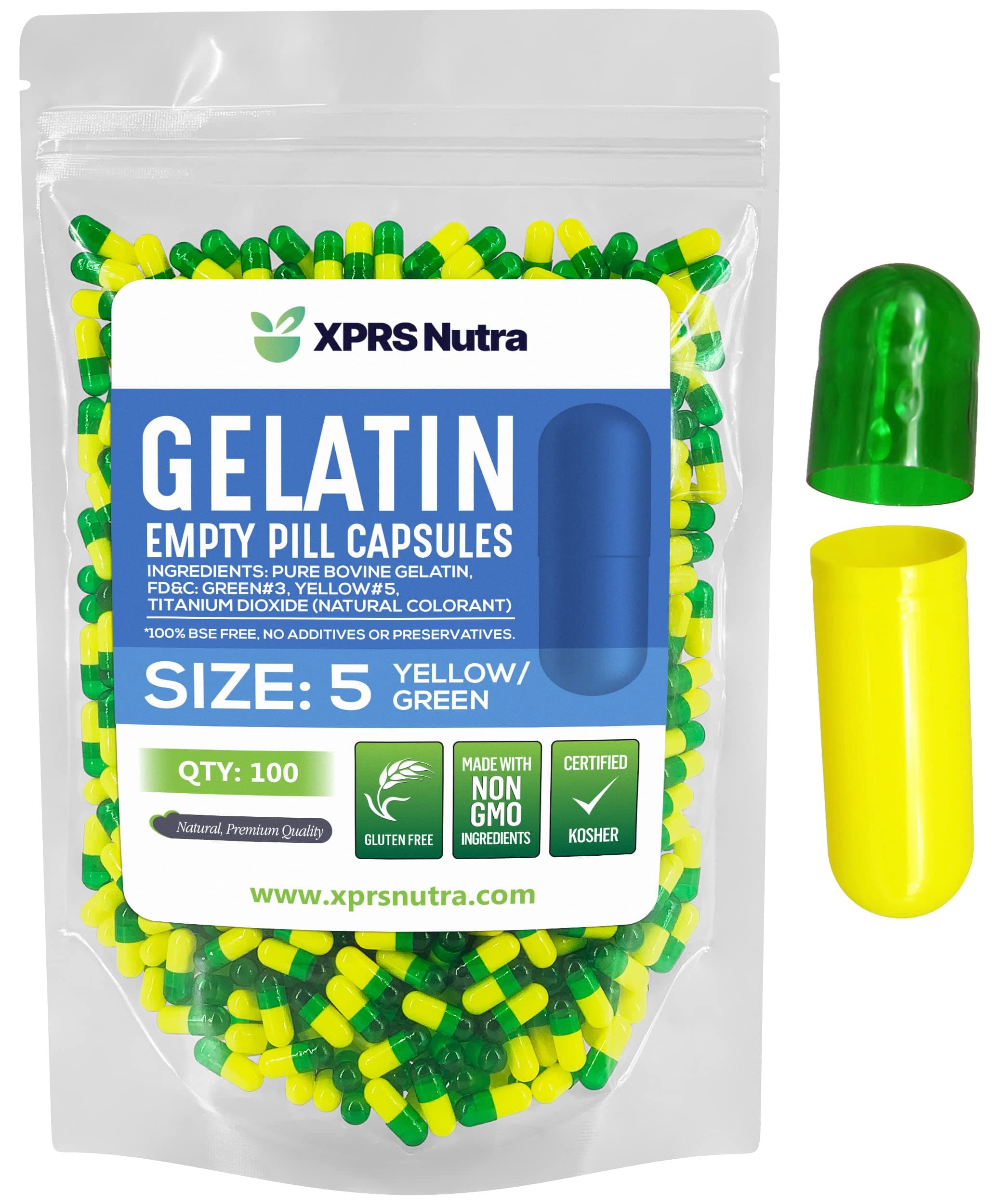 XPRS Nutra Size 5 Empty Capsules - Very Small Empty Gelatin Capsules - Capsules Express Empty Pill Capsules - DIY Capsule Filling - Fillable Pill Capsules Empty Gel Caps (100 Count, Green / Yellow)