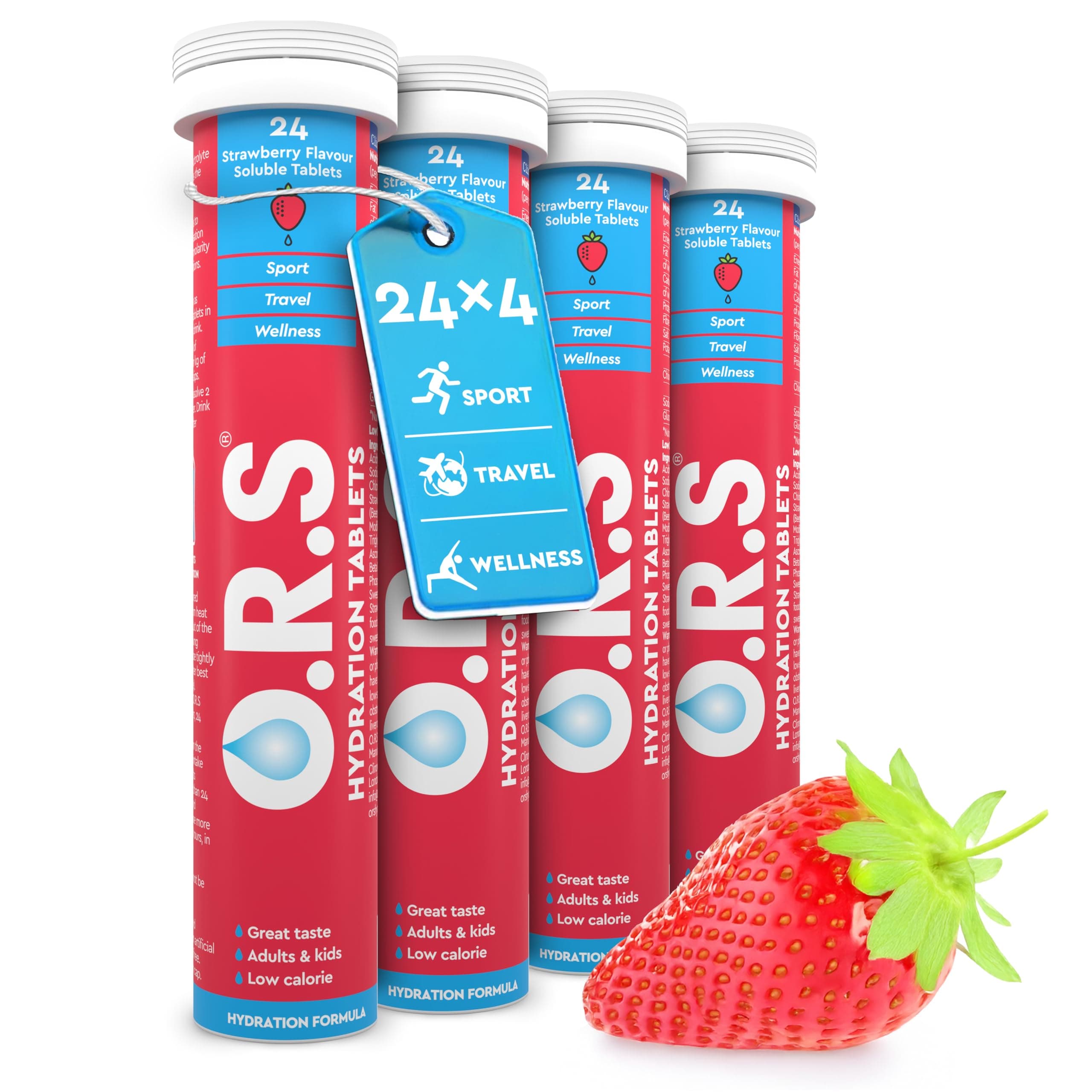 O.R.S Hydration Tablet with Electrolytes for Rehydration, Wellness, Travel, Sports & Recovery | Vegan, Gluten-Free & Low-Calorie Electrolyte Tablets with Natural Strawberry Flavour, 96 Tablets