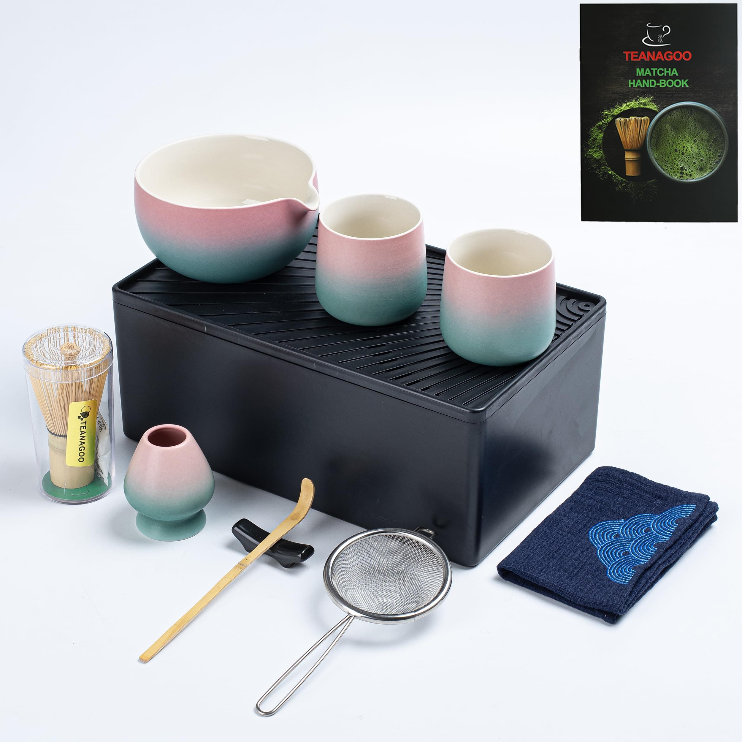 TEANAGOO Matcha Kit + 2 Cups with Storage Box, 12 Pcs Travel Matcha Tea Set, Ceramic Matcha Bowl (18oz), Matcha Cup(7.2oz), Bamboo Whisk, WS11, Green Gradient Pink