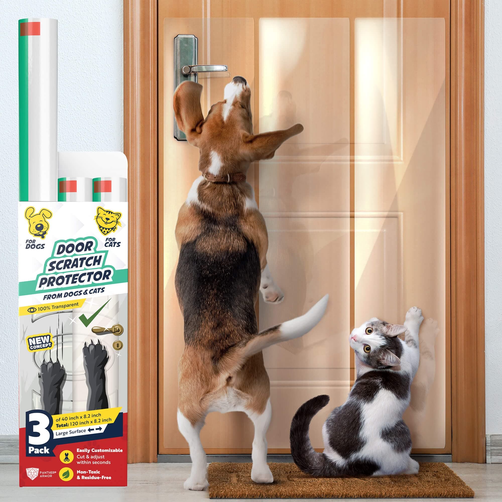 Panther Armor 3-Pack Door Protector from Dog Scratching, 40" x 8.2" Clear Dog Scratch Door Protector for Doors & Frames, Door Scratch Protector for Dogs & Cats, No-Residue Door Guard for Doors