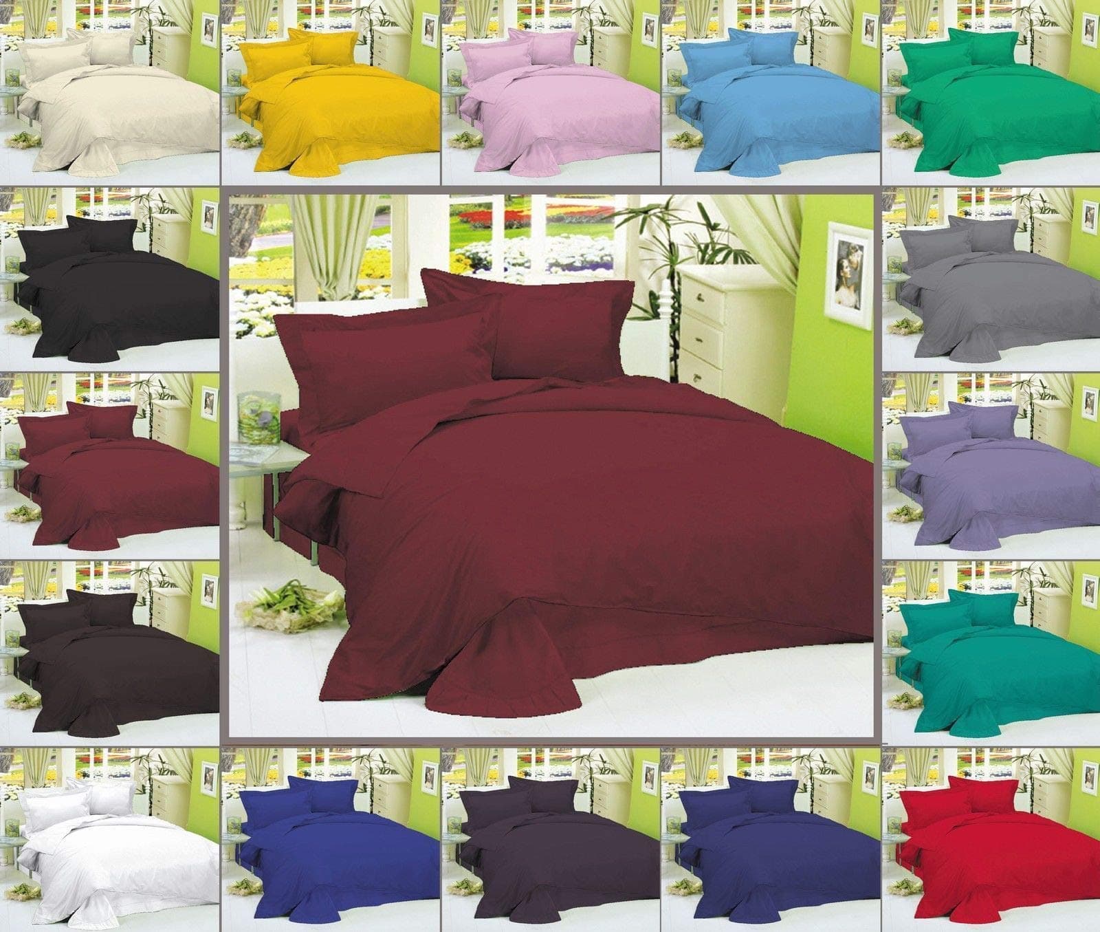 Thread Linen Luxury Plain Dyed Poly Cotton Fitted Valance Bed Sheet (Pillow case, WINE)