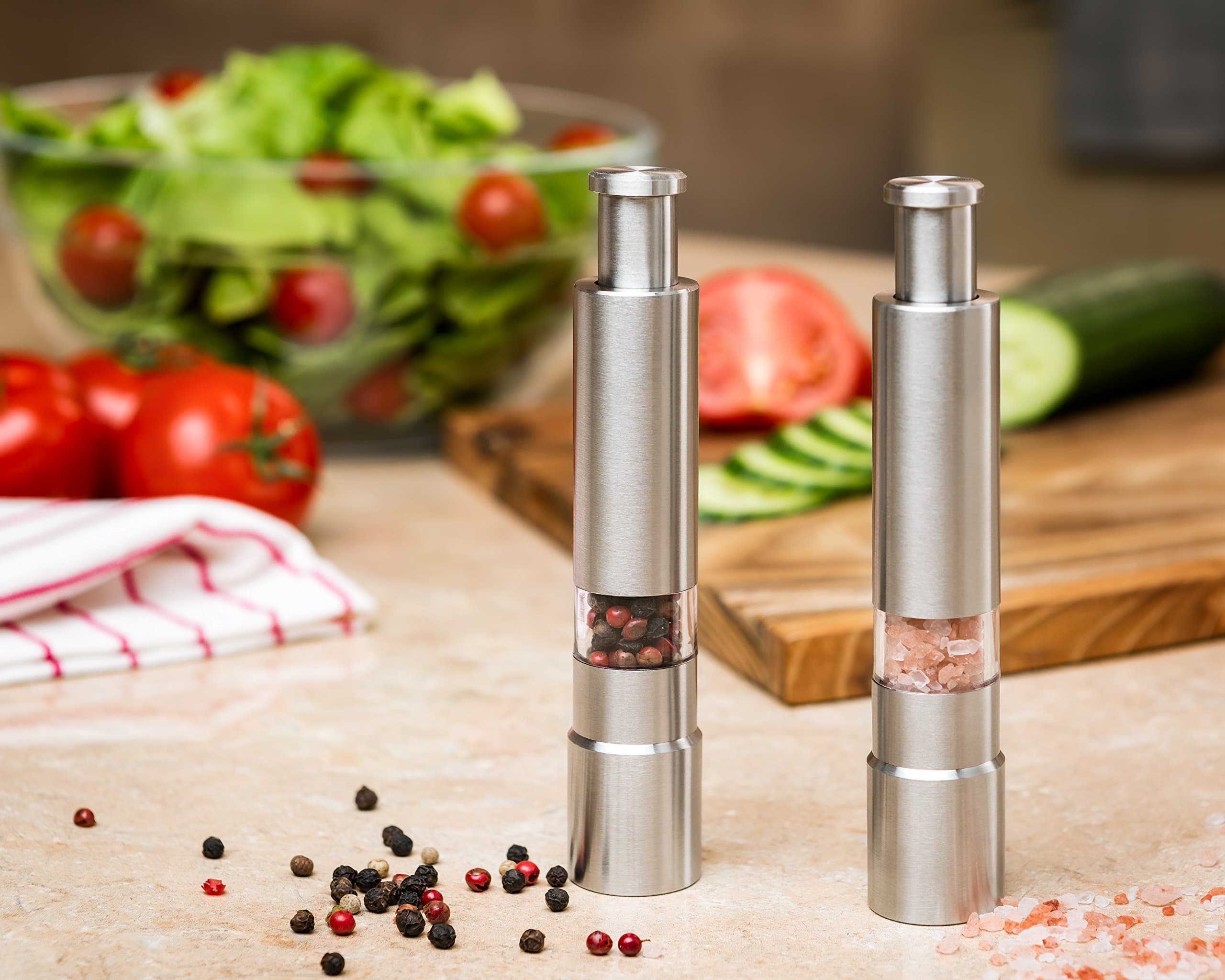 Stainless Steel Salt & Pepper Grinder Set – Modern Design Single Handed Operation Salt & Pepper Grinder Mills with Press Button – Easy Refilling Milling Set for Perfect Seasoning - (Pack of 2 Mills)
