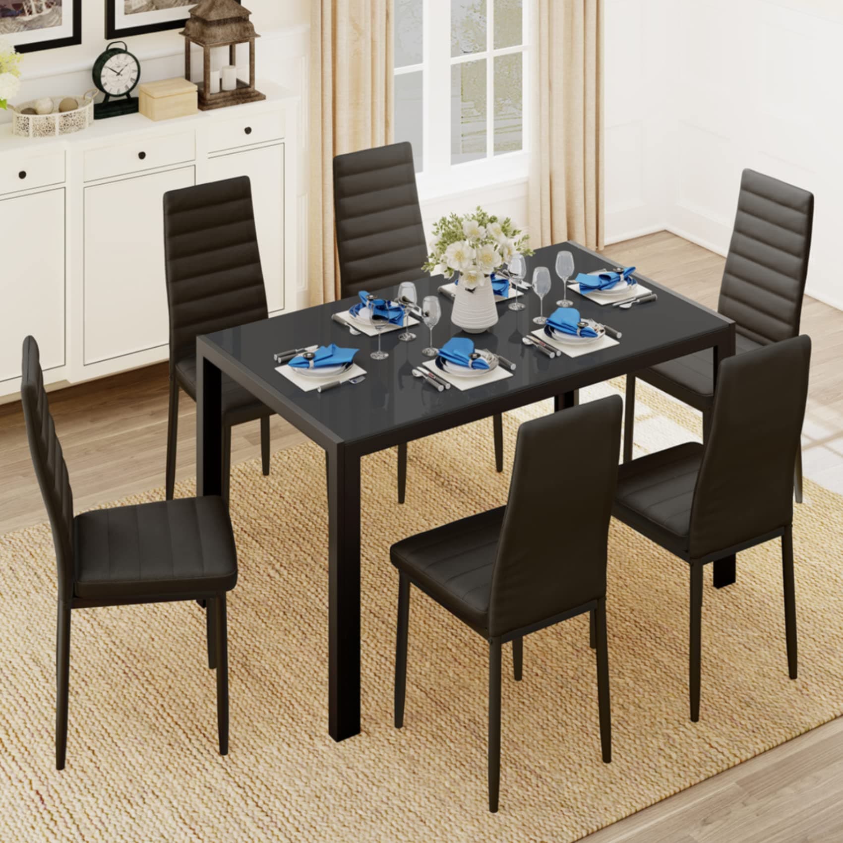 Gizoon Glass Dining Table Sets for 6, 7 Piece Kitchen Table and Chairs Set for 6 Person, PU Leather Modern Dining Room Sets for Home, Kitchen, Living Room(Black)