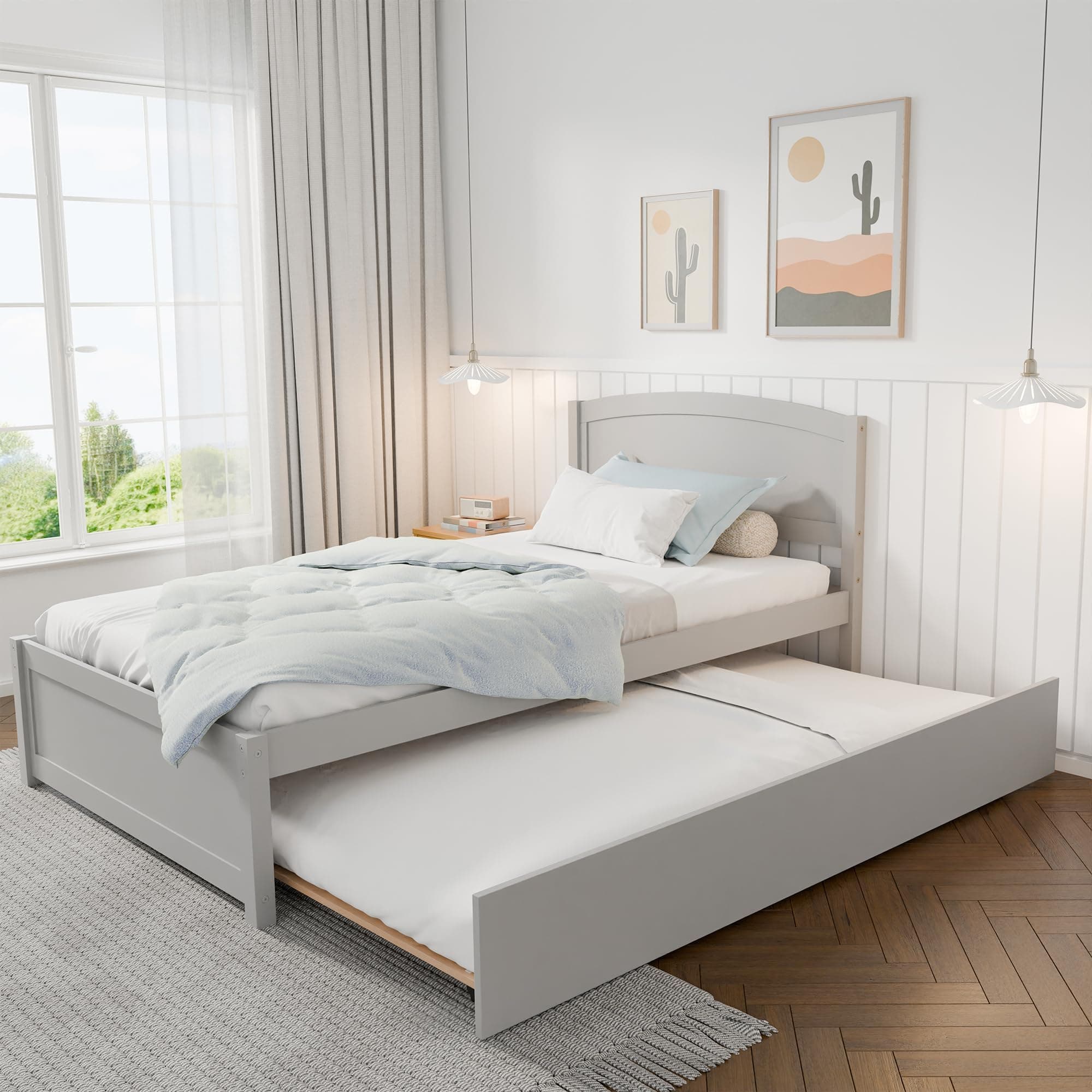 TOLEAD Daybed with Trundle, Twin Size Pull Out Bed, Solid Wood Extendable Day Bed with Trundle Be Twin, Include Slat Support (Grey, Trundle)