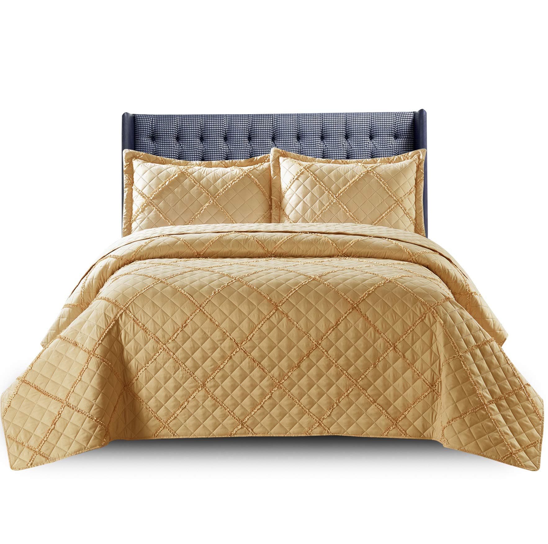 Quilted Bedspread Bed Throws for Room Decor - Quilted Fabric Embossed Striped Pattern Ruffle Design Reversible Quilt Bedspreads Coverlets with Hypoallergenic Pillow Cover (Super King, Ruffle Mustard)