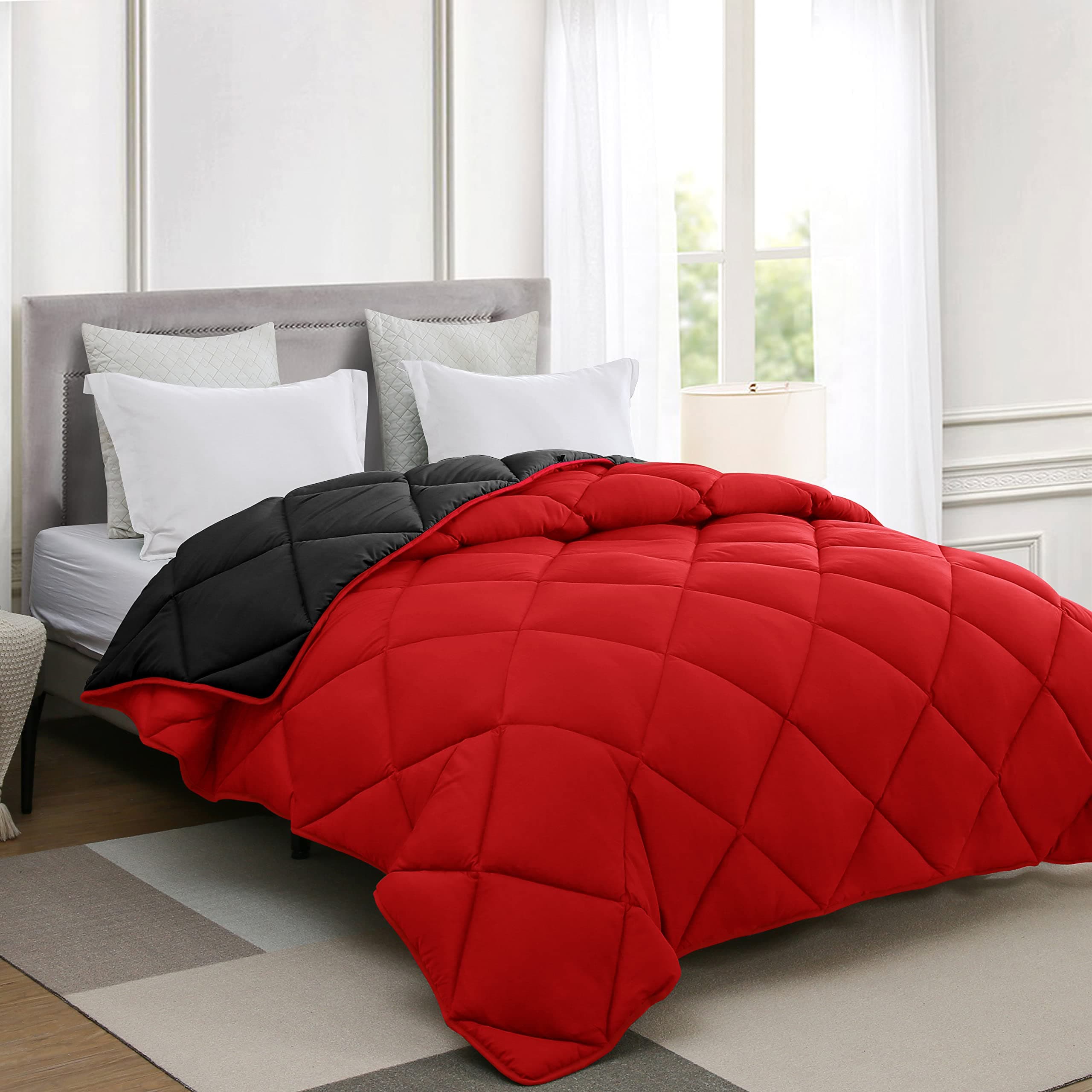 Fluffy Reversible Duvet Insert,Ultra Soft Brushed Microfiber Cover,Lightweight,Diamond,Cal King Size,Black-Red,108x98inches
