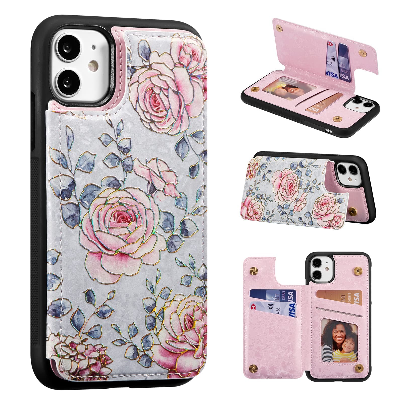 Wallet Case for iPhone 12/iPhone 12 Pro 6.1 inch with Card Slots, PU Leather Cover Kickstand RFID Blocking Magnetic Clasp rilievo Flower Shockproof Flip Case for Women Girls - Purple Rose