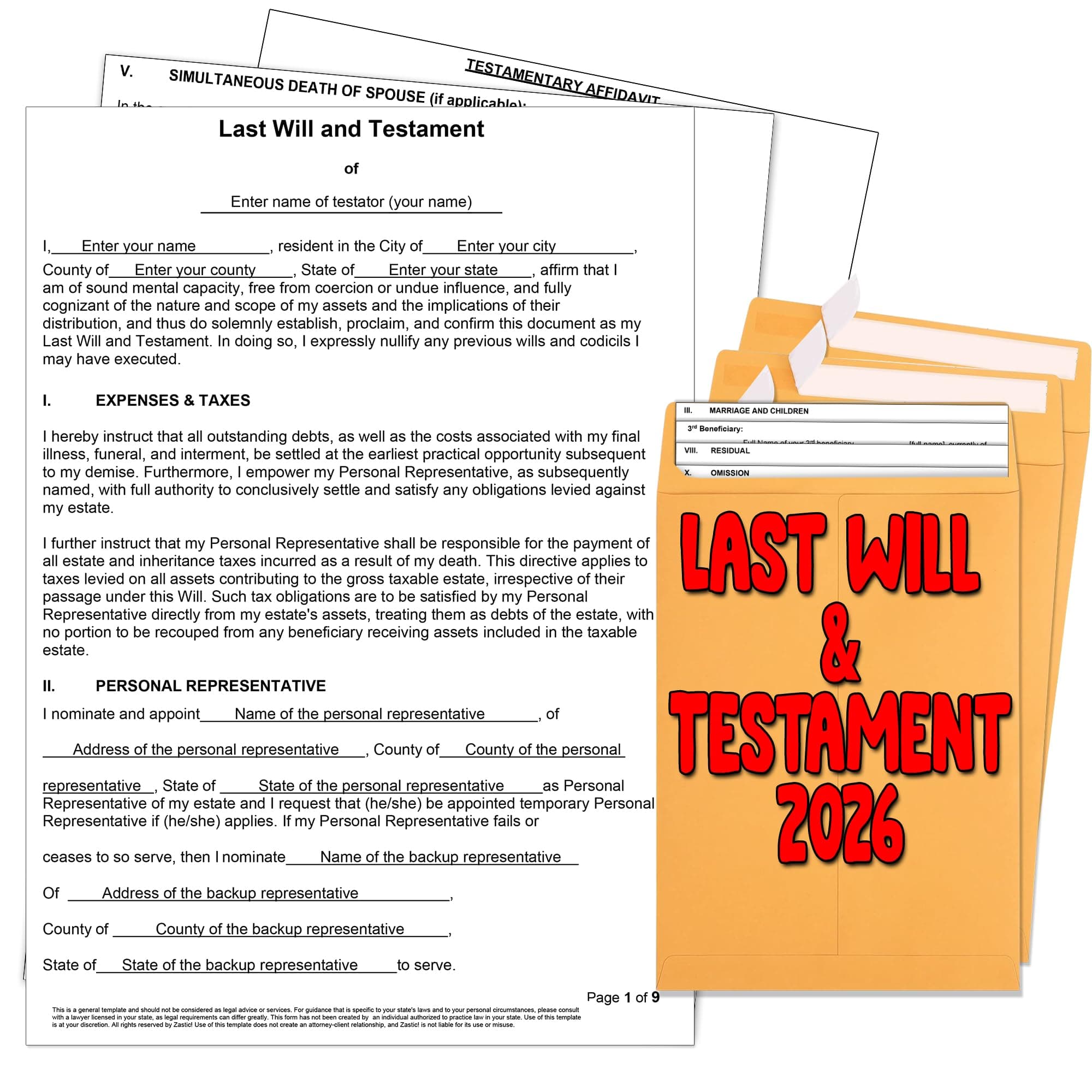 Zastic! 2026 3 Pack Last Will and Testament Kit: Blank Legal Last Will Testament Forms, Do It Yourself Legal Will Maker Templates - End of Life Planning Kit - 3 Blank Forms, Guide, & Envelopes