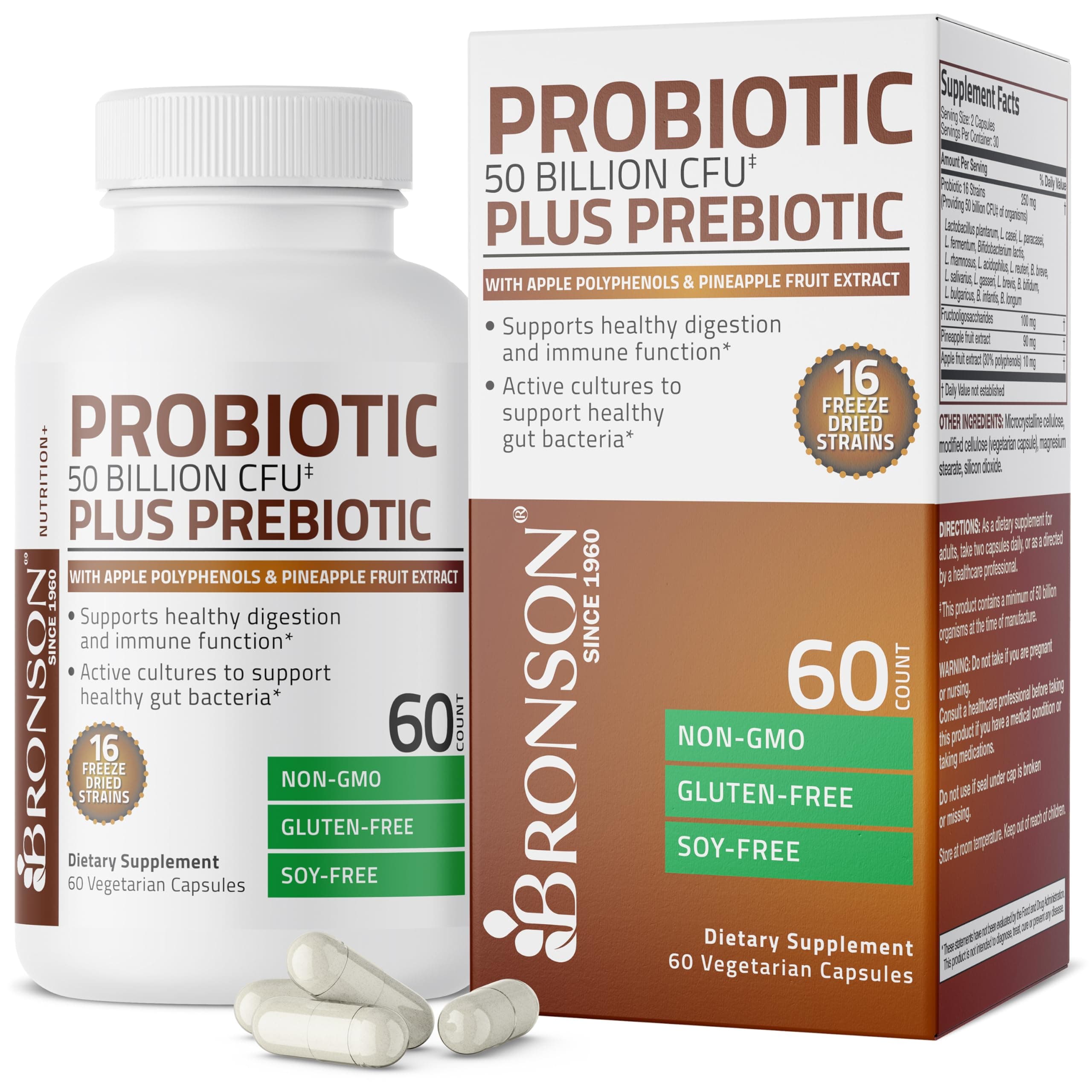 Probiotic 50 Billion CFU + Prebiotic with Apple Polyphenols & Pineapple Fruit Extract for Women & Men Non-GMO, 60 Vegetarian Capsules