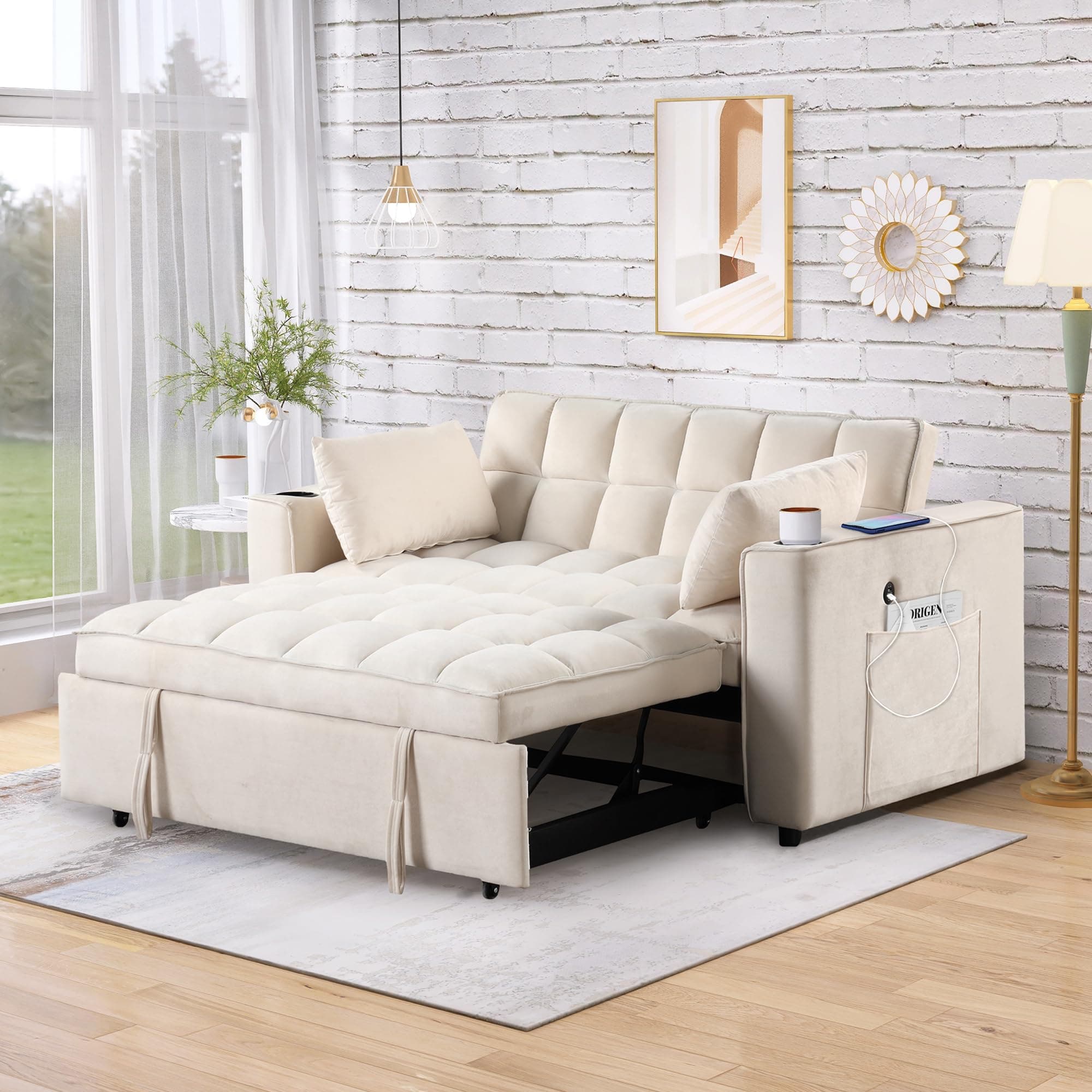 Flieks 55.3" 4-1 Multi-Functional Sofa Bed with Cup Holder and USB Port for Living Room or Apartments Milky White