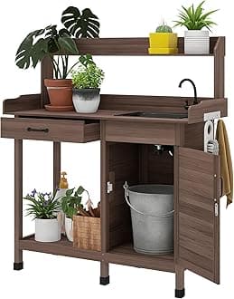 Outsunny Potting Bench Table with Sink, Outdoor Work Bench Table with Storage Cabinet, Hooks, Removable Sink, Faucet and Drawer for Greenhouse, Garden, Patio, Dark Brown