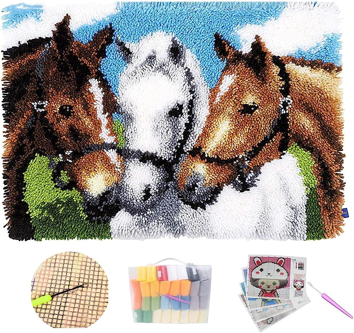 Latch Hook Kits Rugs, DIY Latch Hook Kits Three horses DIY Tapestry Carpet Rug Making for Kids Adults Beginners,Brown,52 * 38cm/20 * 15 in
