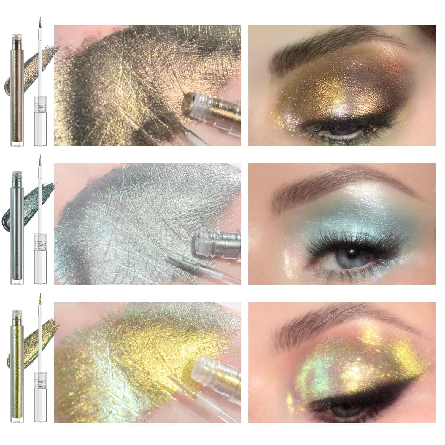 Multichrome Liquid Eyeshadow Set,3 Colors Multi-Dimensional Eye Liner Makeup,High Pigment Waterproof Metallic Eye Shadow,Ultre Fine Tip Glitter Eyeshadow (07 bronzer+08 armor+09 gold)