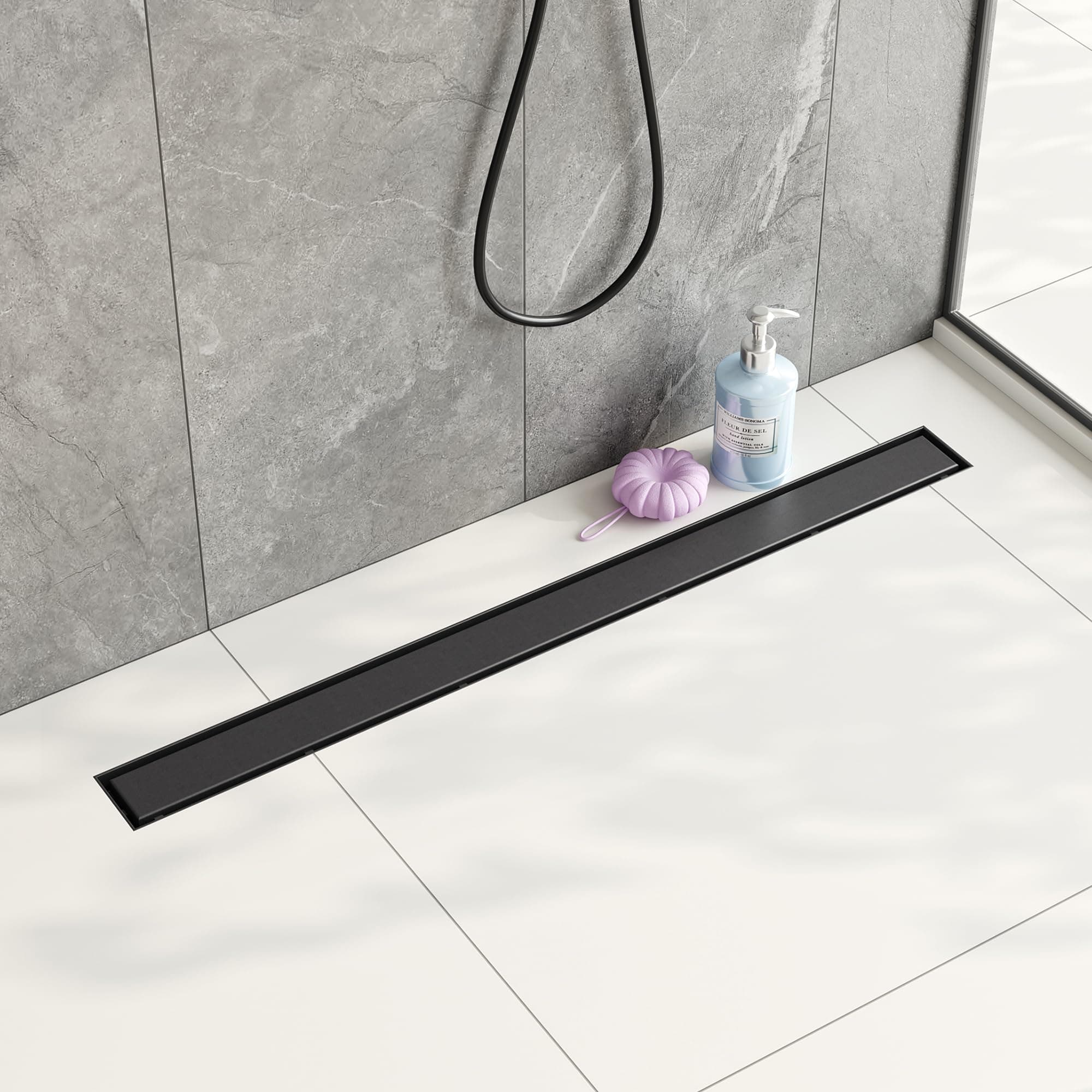 32-Inch Linear Shower Drain,with 2-in-1 Flat & Tile Insert Shiny Black Cover, Rectangle Shower Floor Drain, Floor Shower Drain with Adjustable Leveling Feet, Hair Strainer