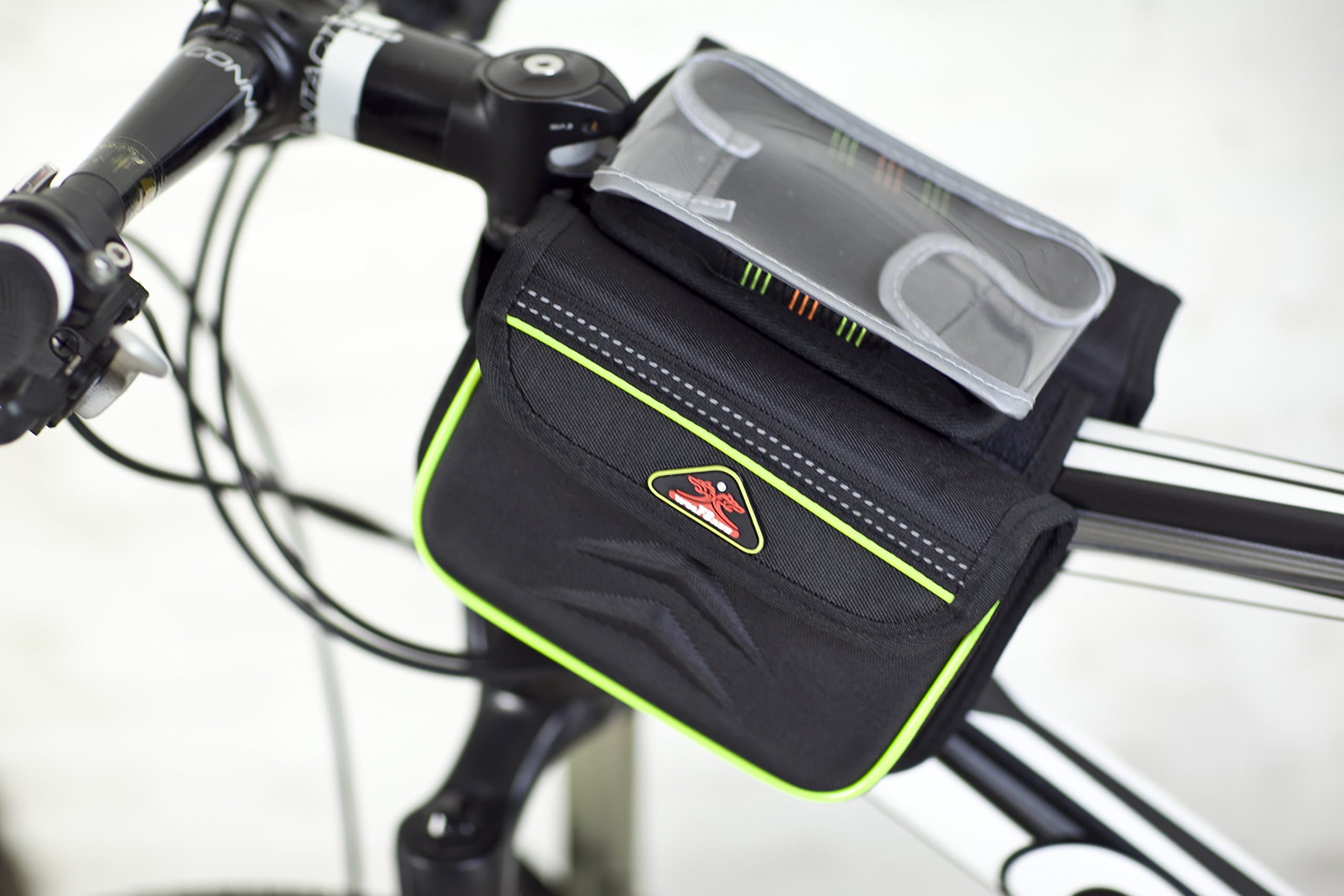 WOLFBASE Black Waterproof Bicycle Phone Pouch Frame Pannier Front Top Saddle Bag 5.5" for iPhone/Samsung, with Reflective Strip, PVC Window