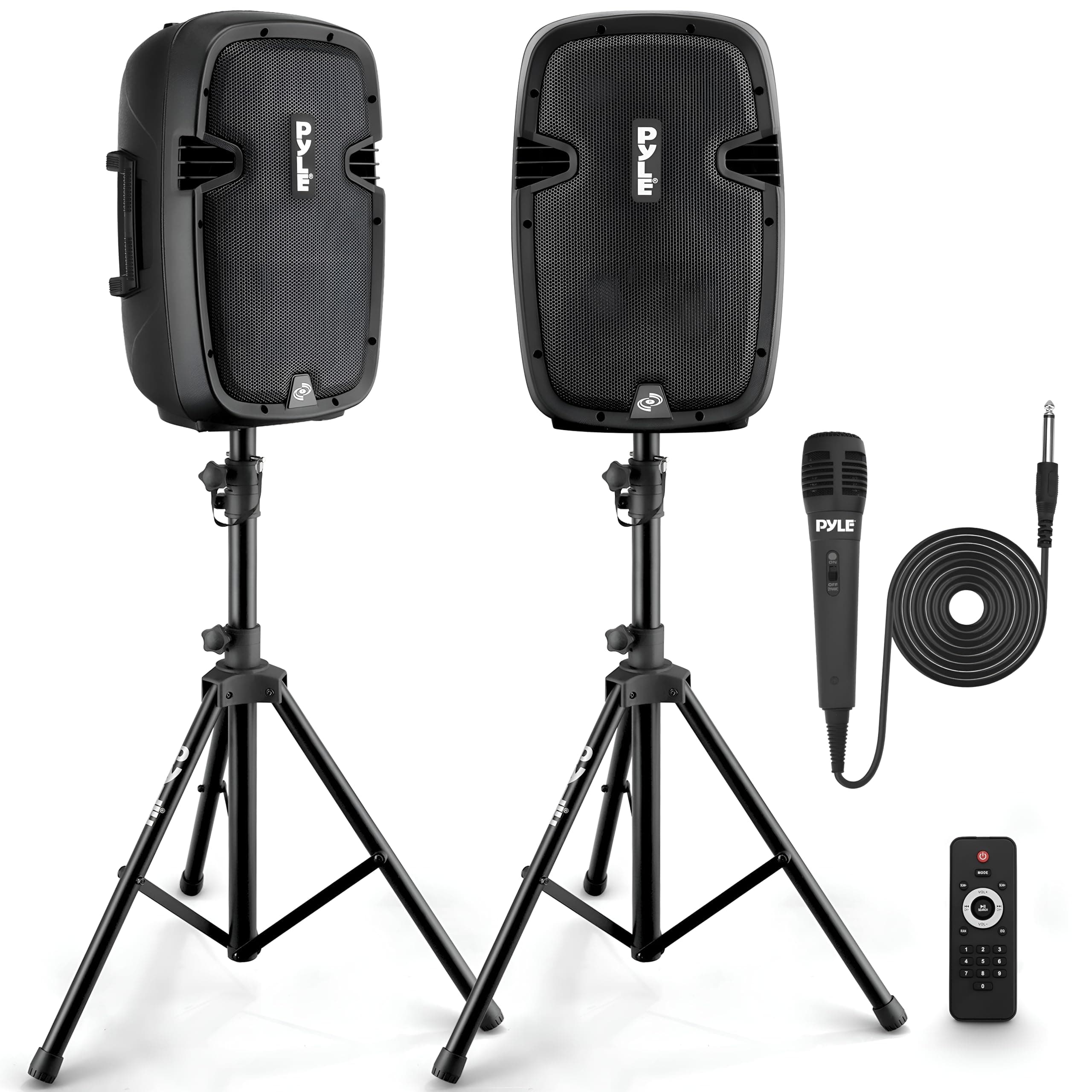 Pyle Powered PA Speaker System Active & Passive Bluetooth Loudspeakers Kit with 8 Inch Speakers, Wired Microphone, MP3/USB/SD/AUX Readers, Speaker Stands,Remote Control - Pyle PPHP849KT Black