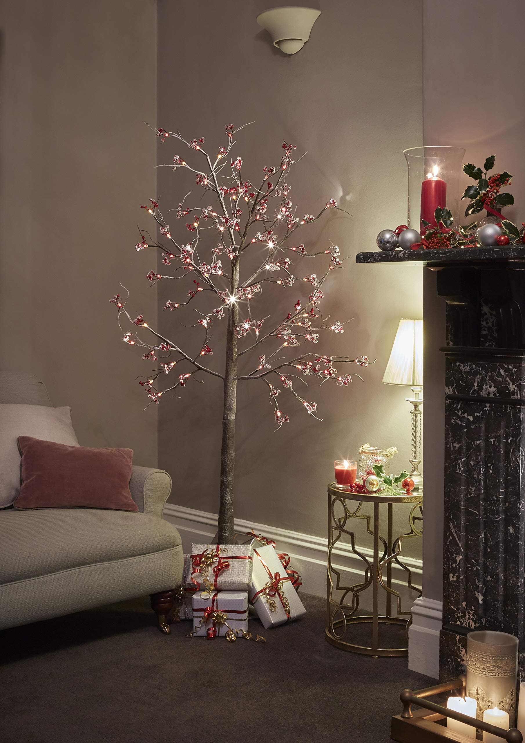 JayMark 7ft (210cm) Pre Lit LED Christmas Tree Snowy Effect Brown with Berries for Indoor & Outdoor Use