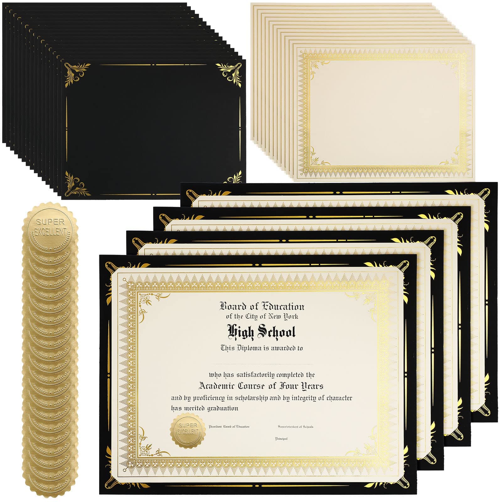 Fainne 50 Sets Certificate Kit Includes 50 Pcs 9.5 x 12 Inch Certificate Holders 50 Pcs Letter Size Papers 50 Pcs Foil Award Seals Diploma Covers for Appreciation(Black, Gold)