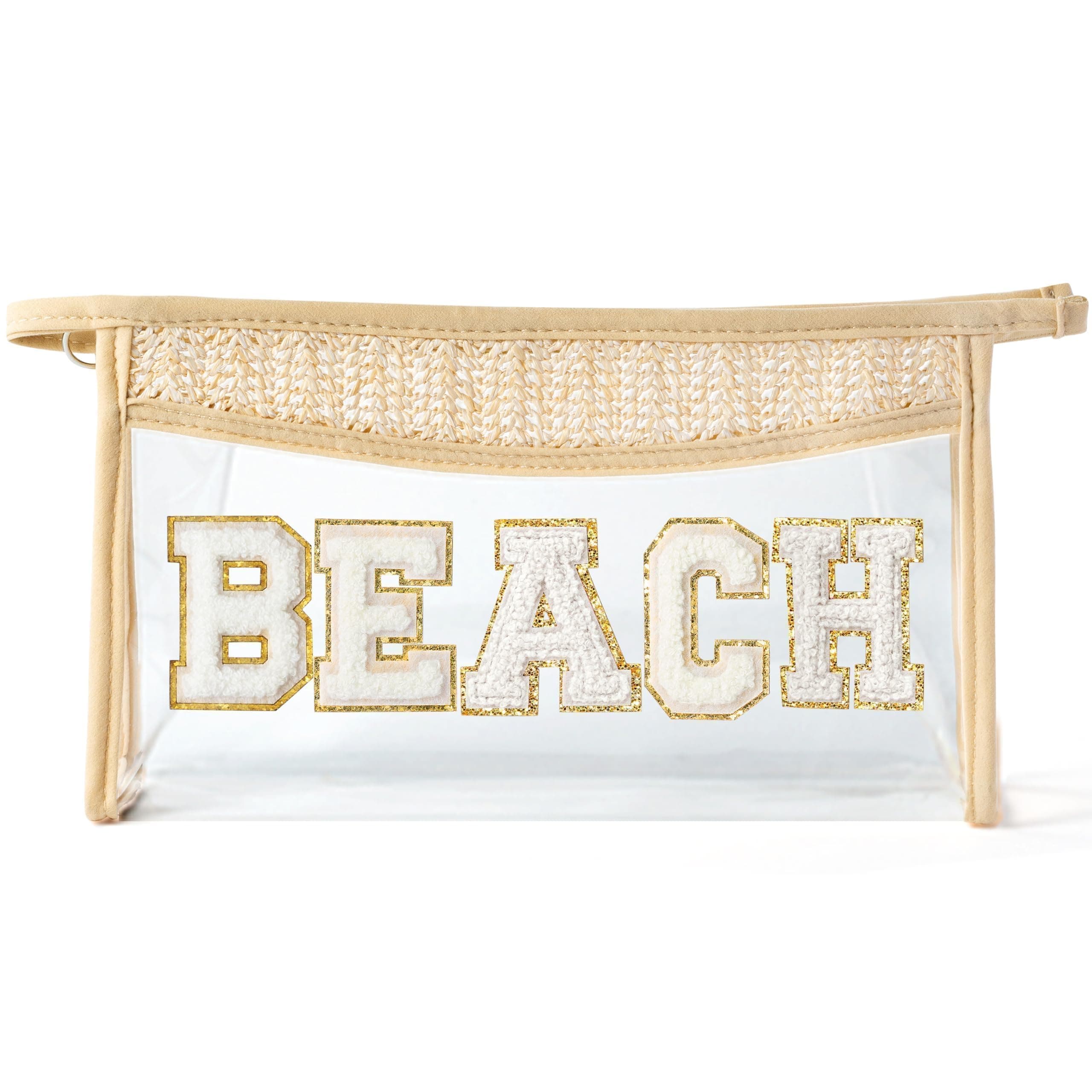 Boho Patch Beach Cosmetic Bag - Summer BEACH Chenille Varsity Toiletry Makeup Bag Beige Letter Clear Waterproof Travel PVC Zipper Clutch Daily Use Purse Summer Makeup Pouch for Women Girls