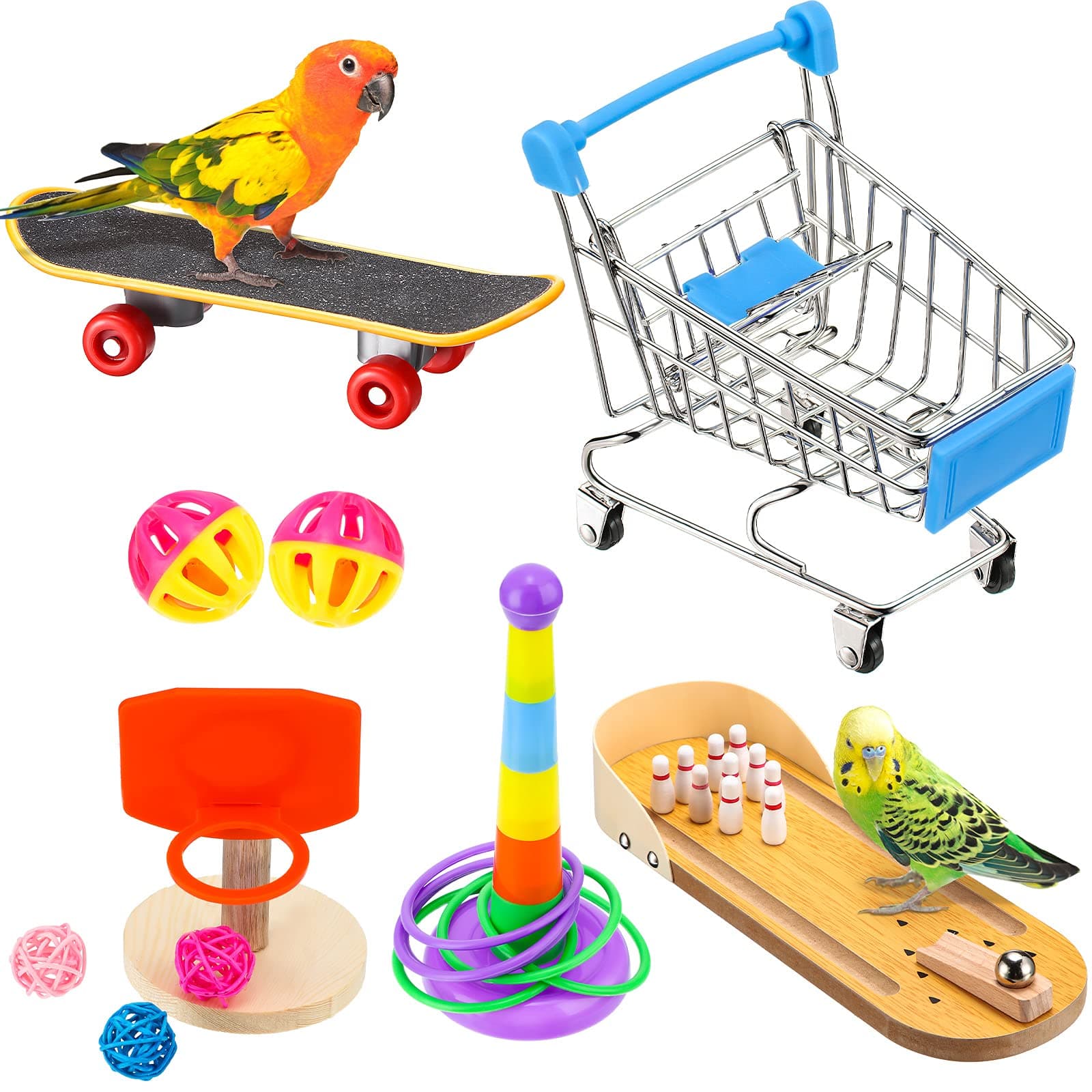 10 Pcs Bird Training Toys Parrot Intelligence Accessories Include Bowling Basketball Toy Rings Shopping Cart Skateboard Bell Ball for Parakeet Cockatiel Macaw Parrot, Random Color