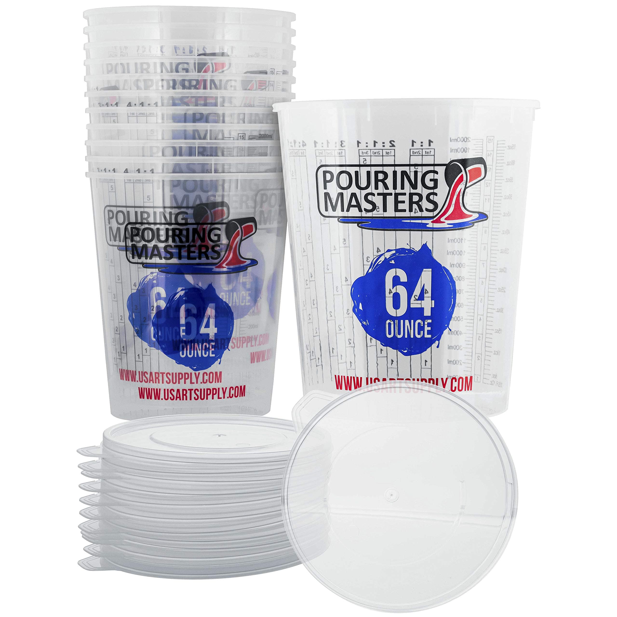 Pouring Masters 64 Ounce (2000ml) Graduated Plastic Mixing Cups (Box of 12) and 12 Lids - Use for Paint, Resin, Epoxy, Art - Measurements in OZ. and ML, 4 Different Measuring Ratios