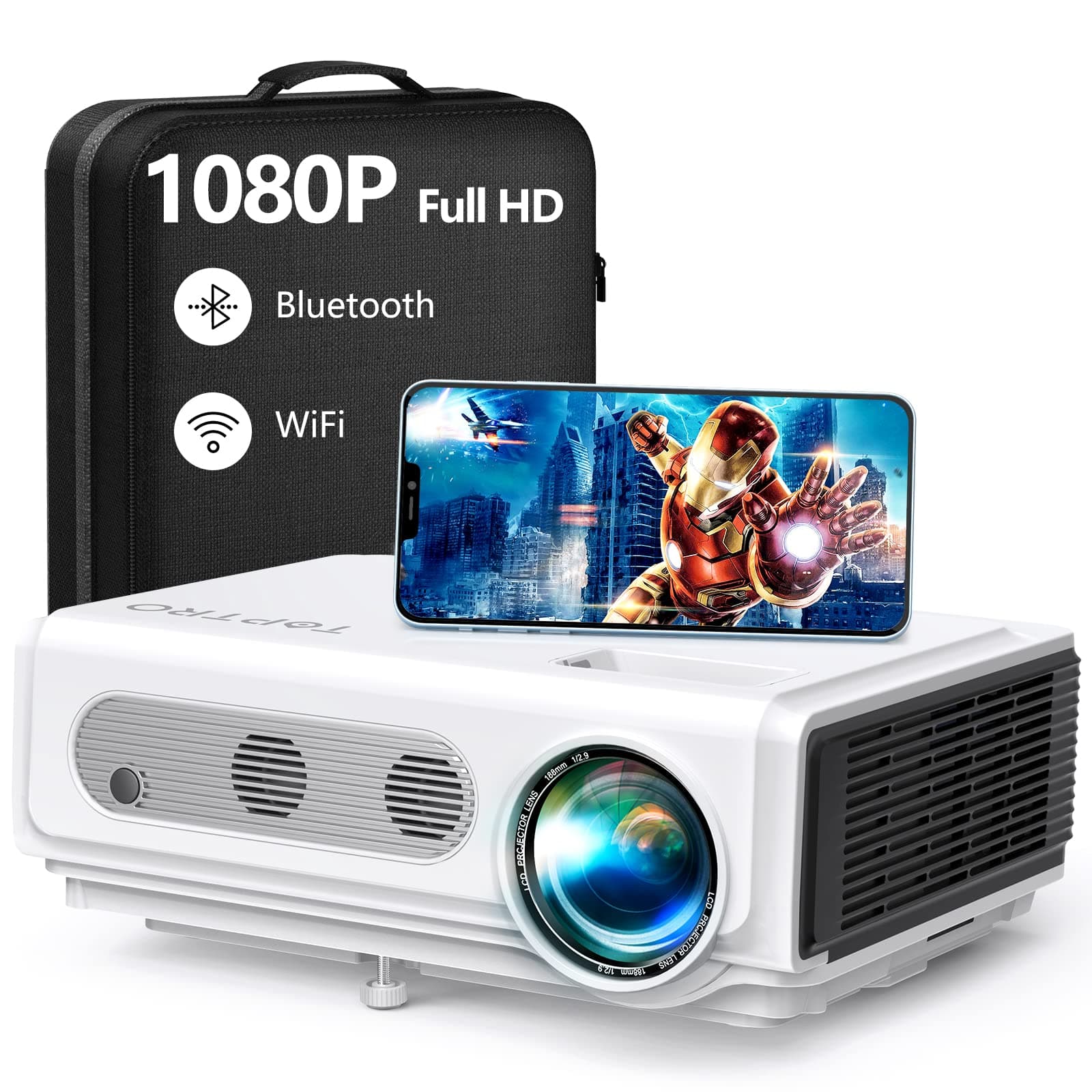 Projector WiFi Bluetooth TOPTRO Projector Native 1080P Full HD Video Projector Support 4K 7900 Lumen Home Cinema Projector, Support ±15° Keystone & Zoom, Compatible with Phone/TV Stick/PC/PS4 white