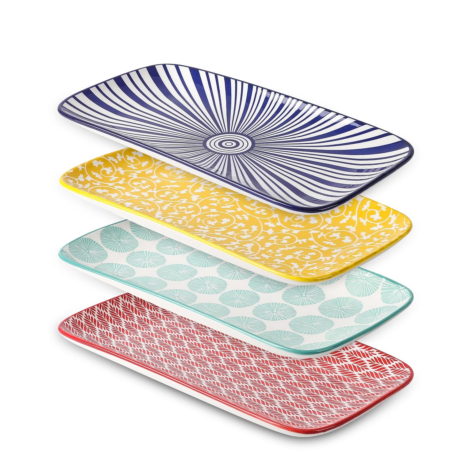 Selamica Ceramic Rectangular Salad Plates Set, Dinner Plate 9.4 Inch Dessert Plates for Party Entertaining, Small Serving Plates for Appetizers, Sushi, Fruit, Set of 4, Assorted Colors