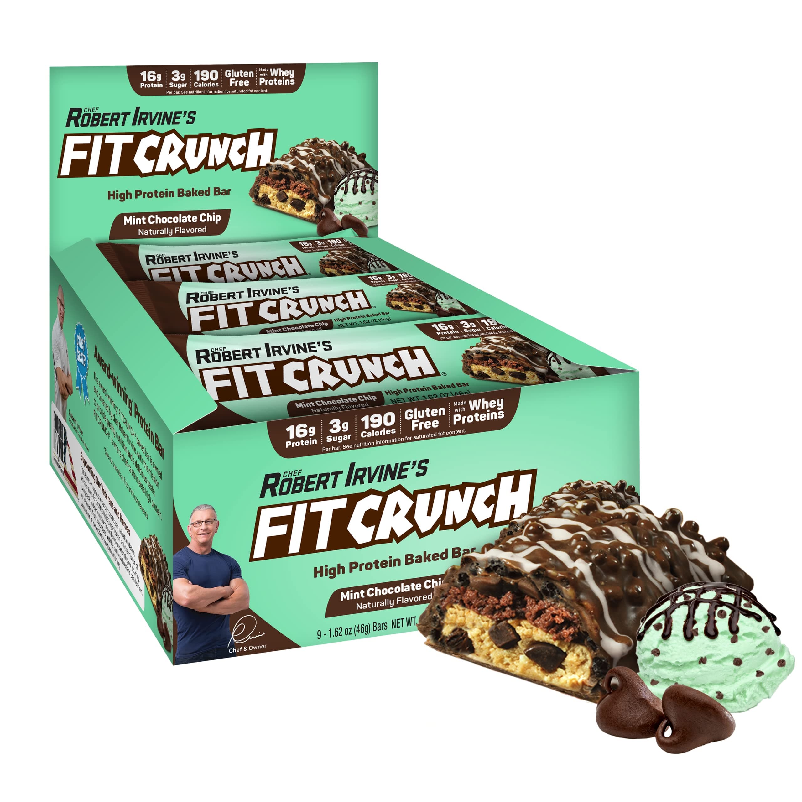 Snack Size Protein Bars, Designed by Robert Irvine, World’s Only 6-Layer Baked Bar, Just 3g of Sugar & Soft Cake Core (Mint Chocolate Chip)