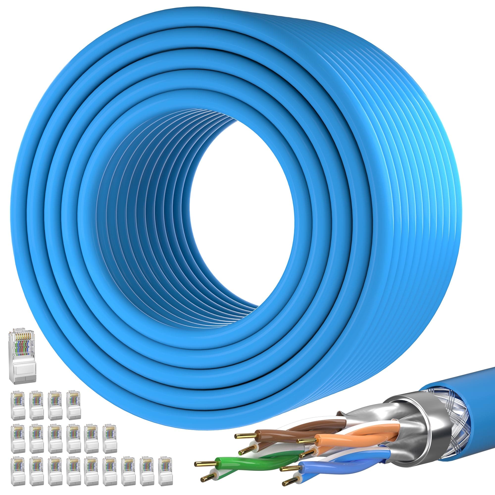 Cat 7 Outdoor Ethernet Cable (SFTP Triple Shielded Internet Cable 328ft | DIY Bulk Cable | x 20 RJ45) High-Speed 10Gbps 600MHz Network Cable, Direct Burial, Waterproof/UV Resistant, for Router/Gaming