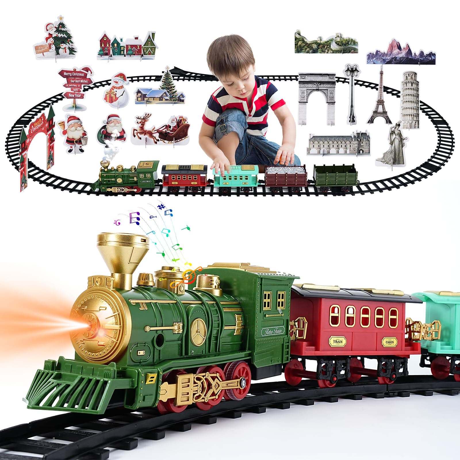 Geegear Christmas Train Set for Under Tree, Large Christmas Train Set 470cm Track Electric Train Toy Sets with Sounds Steam for Kids Christmas Tree Train Set Christmas Birthday Gifts for Kids