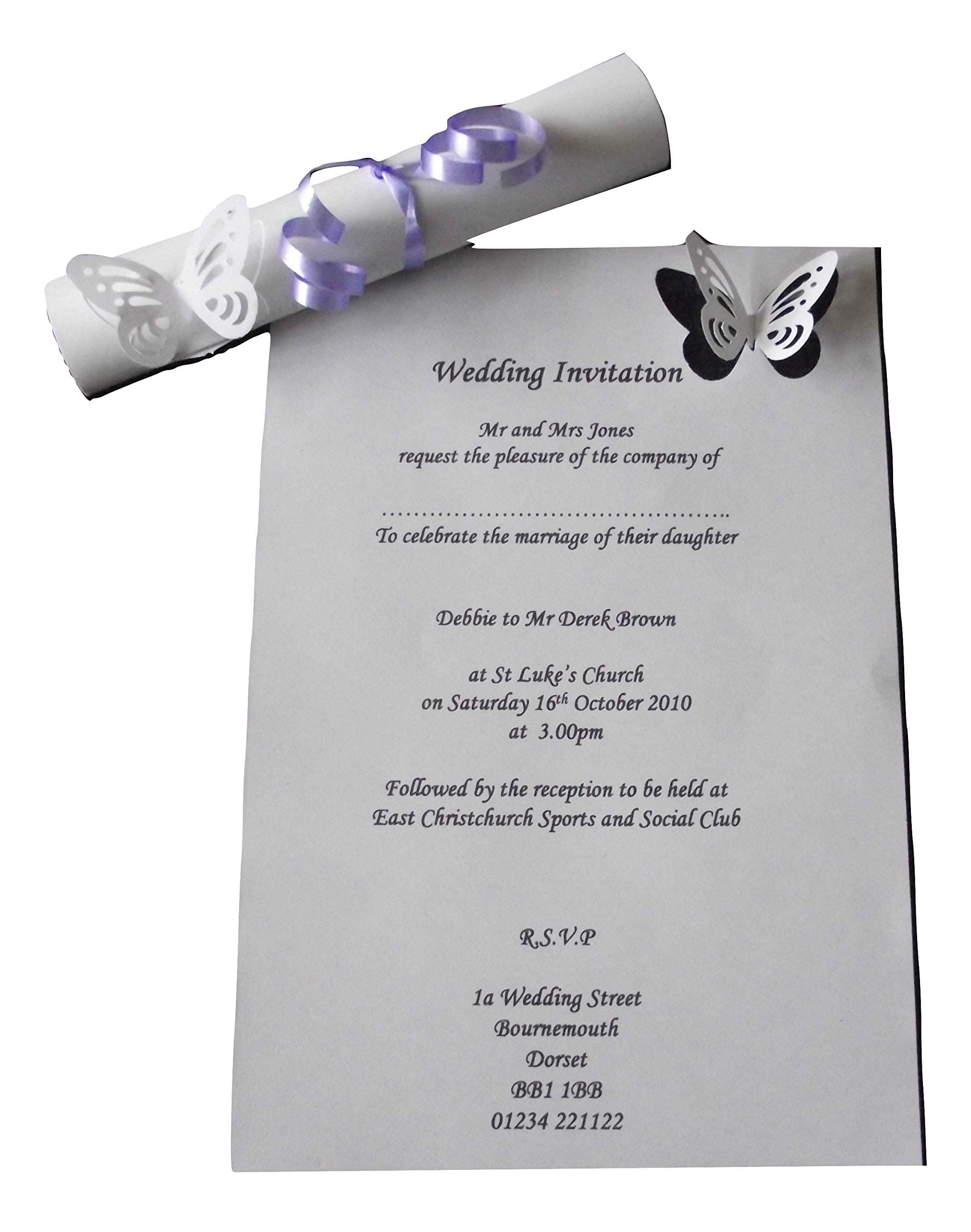 Wedding or Evening Scroll Invitations - Personalised - Set of 20 - Various Coloured Ribbon to Match Your Wedding Day Theme