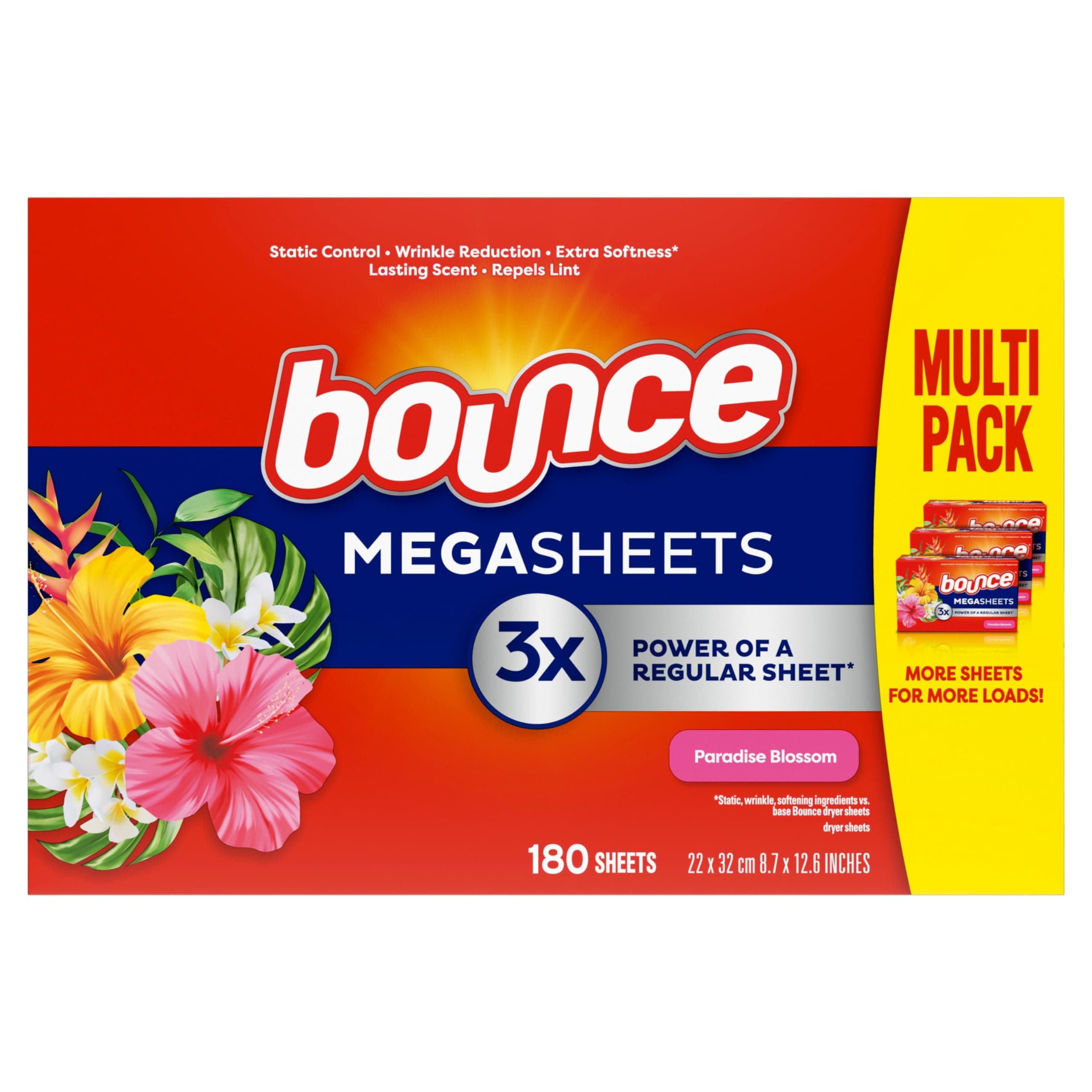 Mega Dryer Sheets, Paradise Blossom, 180 Count, Mega Fabric Softener Sheets with Static Control, Wrinkle Reduction, Extra Softness, Lasting Scent, Repels Lint